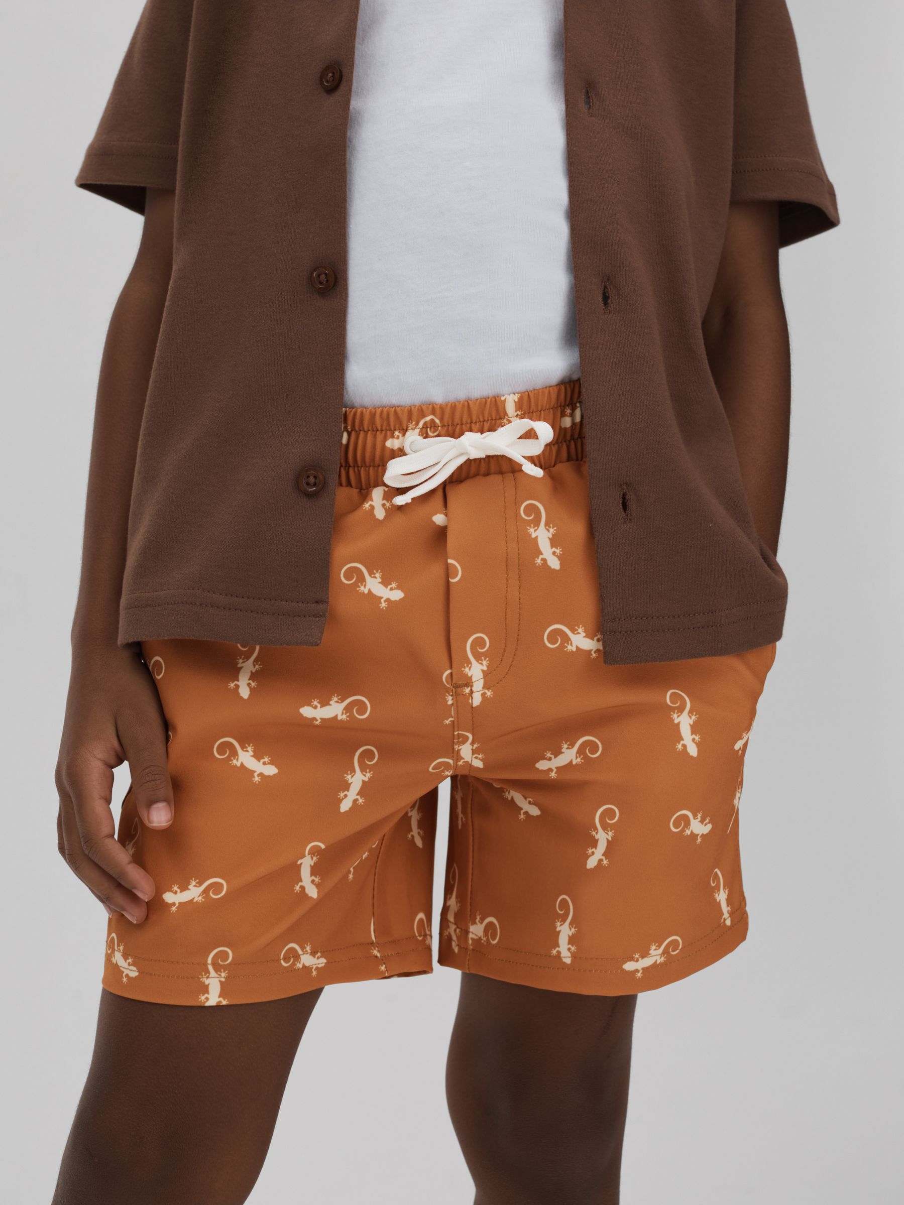 Senior Reptile Print Drawstring Swim Shorts in Orange/White - Image 1 of 4 Senior Reptile Print Drawstring Swim Shorts in Orange/White - Image 1 of 4