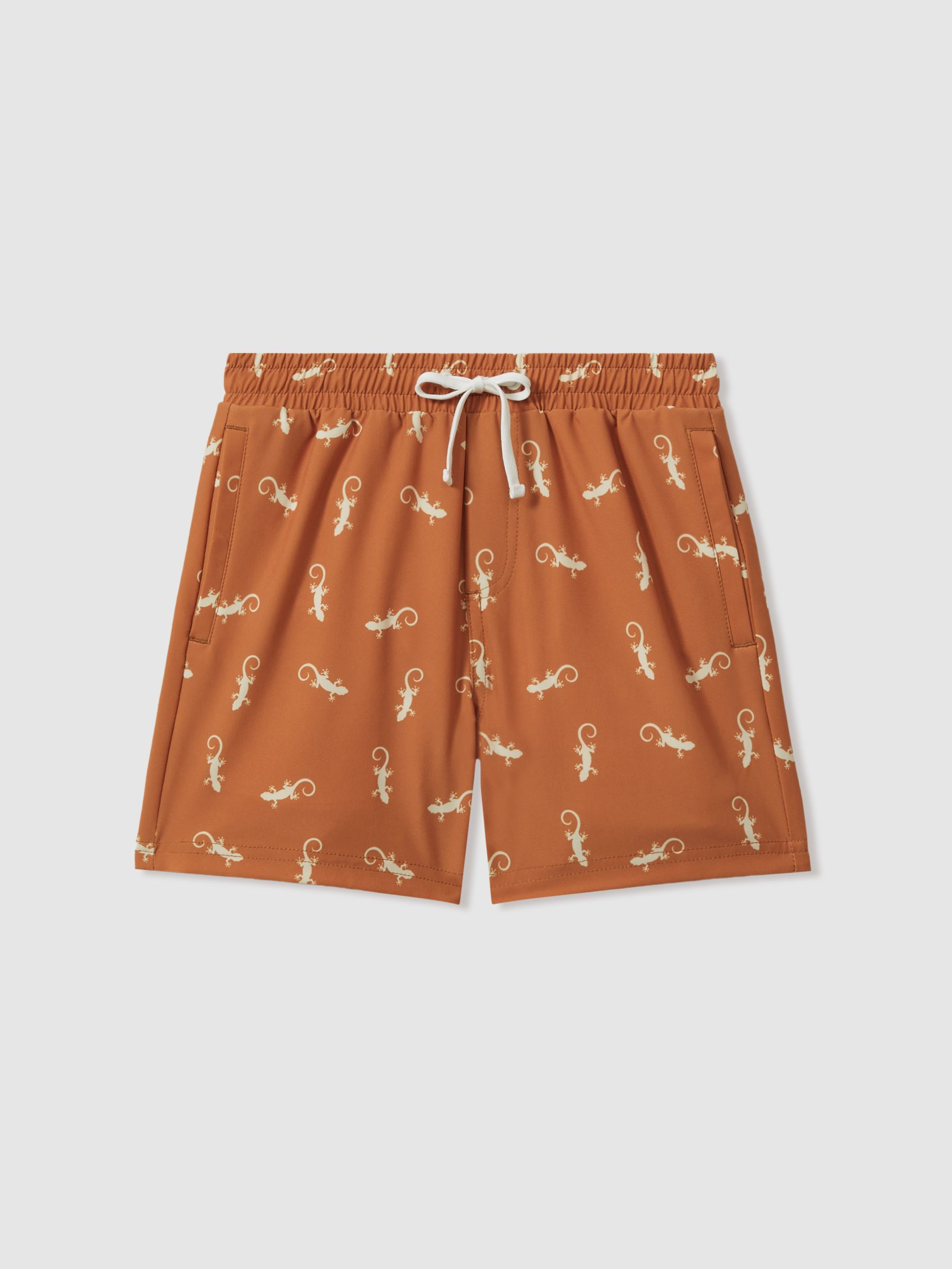 Senior Reptile Print Drawstring Swim Shorts in Orange/White - Image 2 of 4 Senior Reptile Print Drawstring Swim Shorts in Orange/White - Image 2 of 4