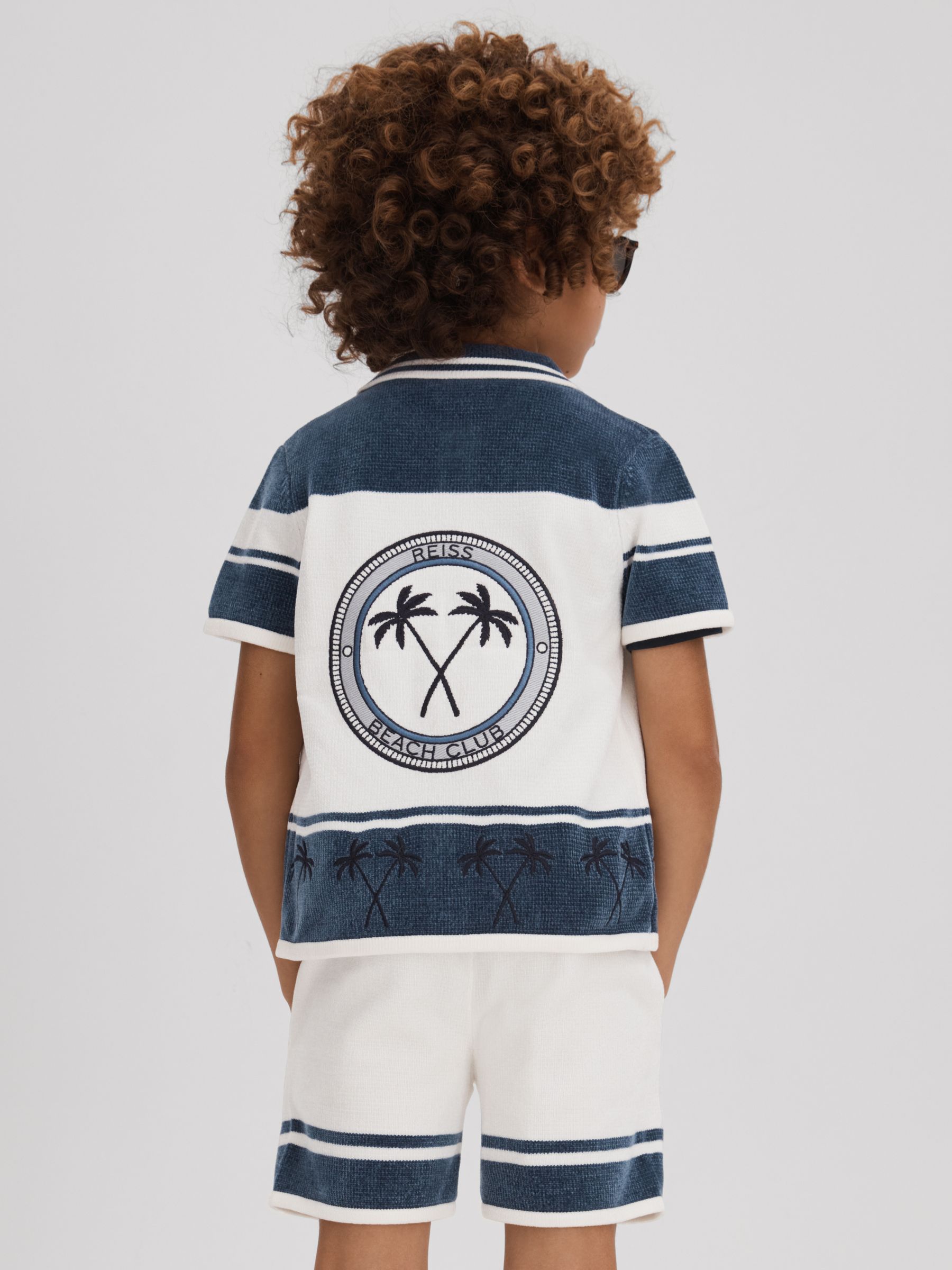 9-13 yrs Velour Embroidered Striped Shirt in Optic White/Airforce Blue - Image 1 of 4