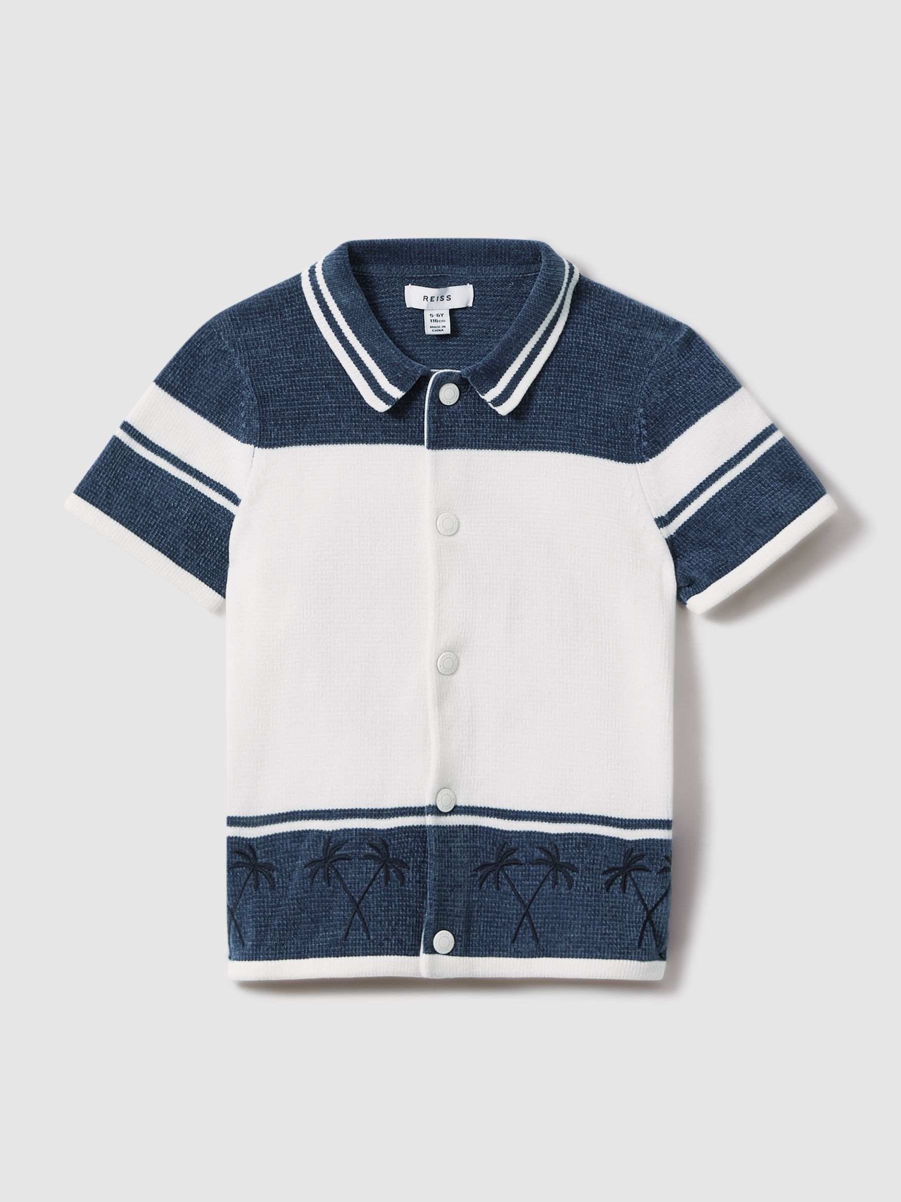 9-13 yrs Velour Embroidered Striped Shirt in Optic White/Airforce Blue - Image 2 of 4