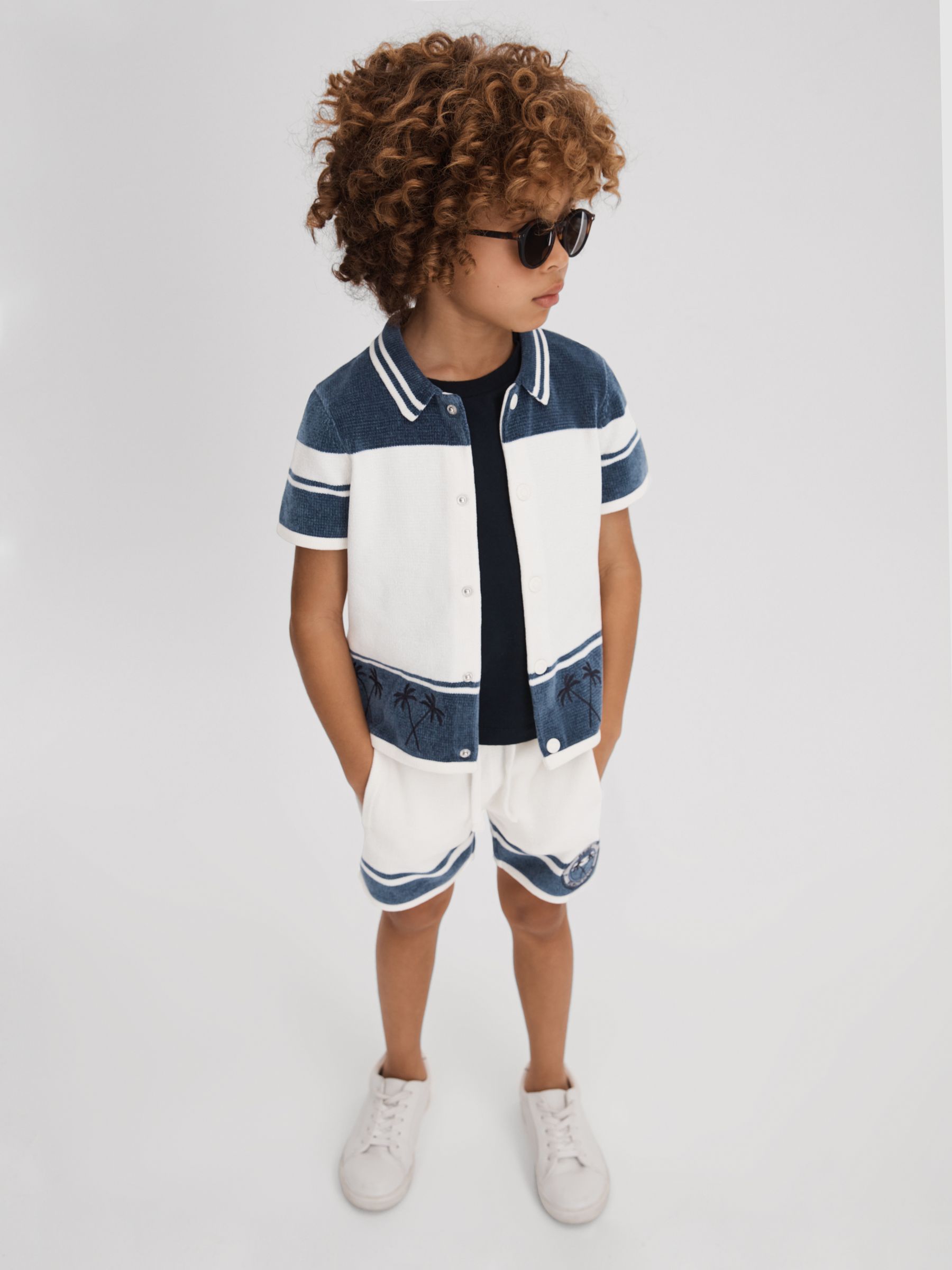 9-13 yrs Velour Embroidered Striped Shirt in Optic White/Airforce Blue - Image 3 of 4