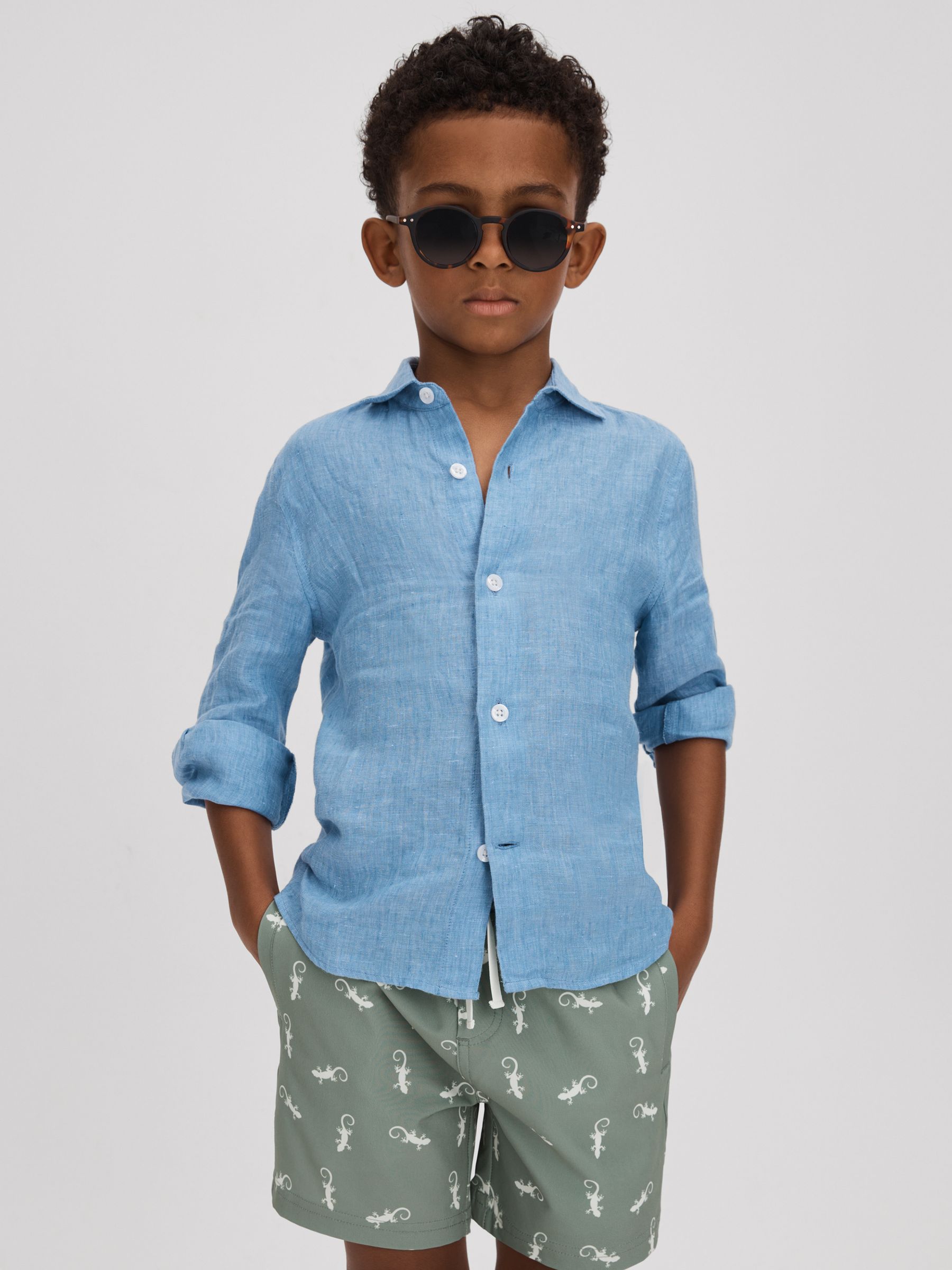 Junior Reptile Print Drawstring Swim Shorts in Sage/White - Image 3 of 4