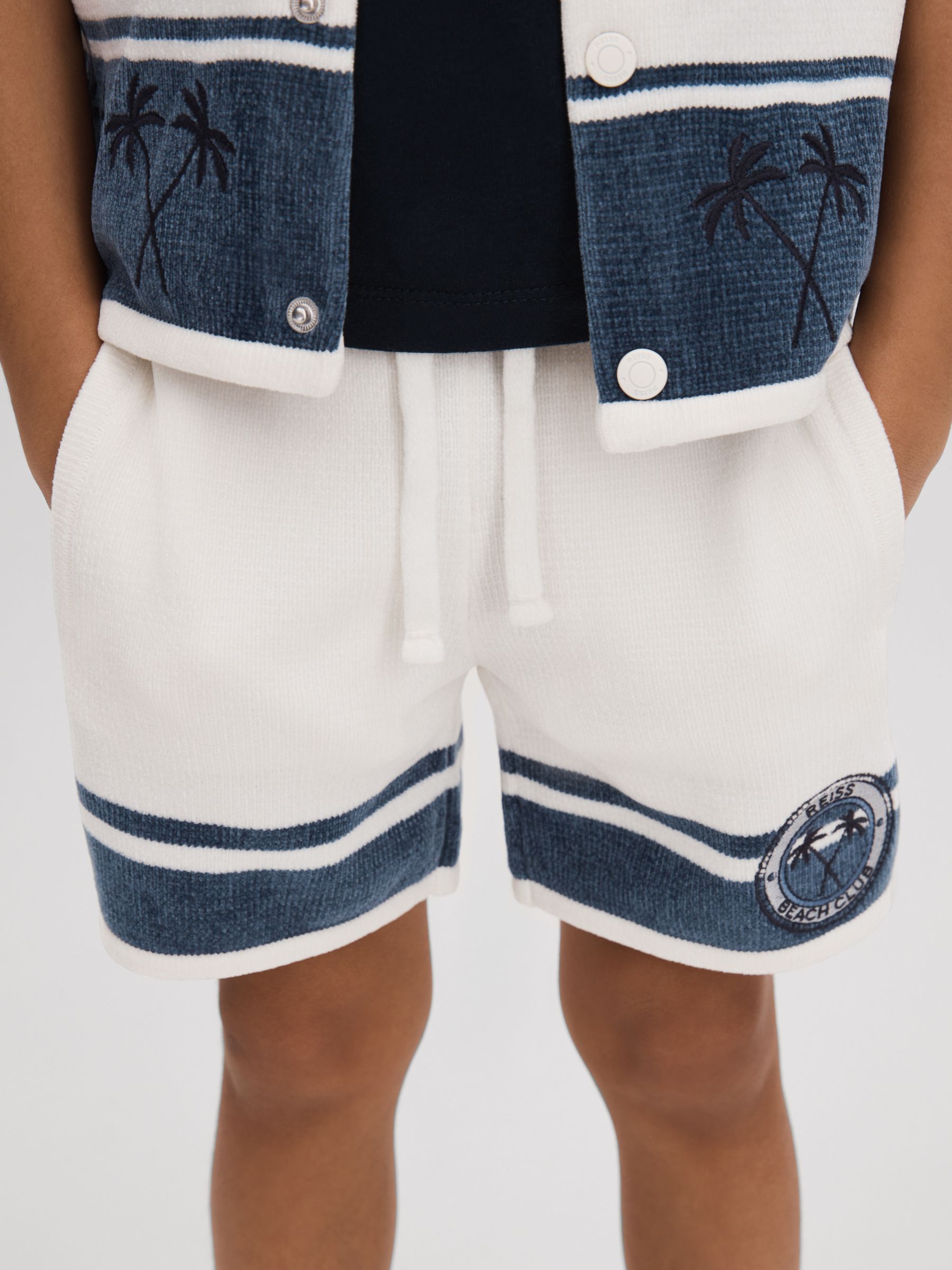 Junior Velour Drawstring Shorts in Optic White/Airforce Blue - Image 1 of 4