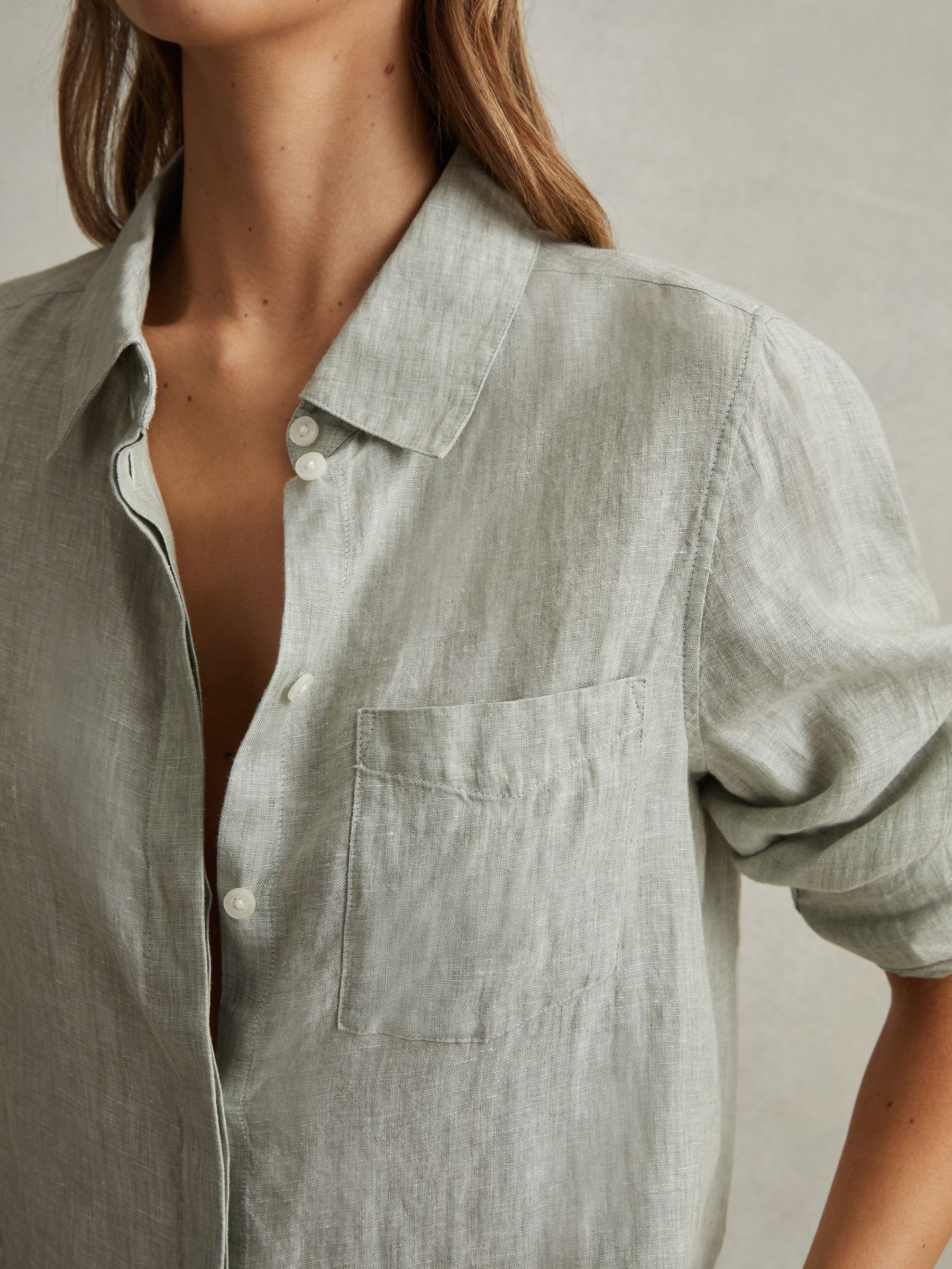 Linen Button-Through Shirt in Sage - Image 3 of 5