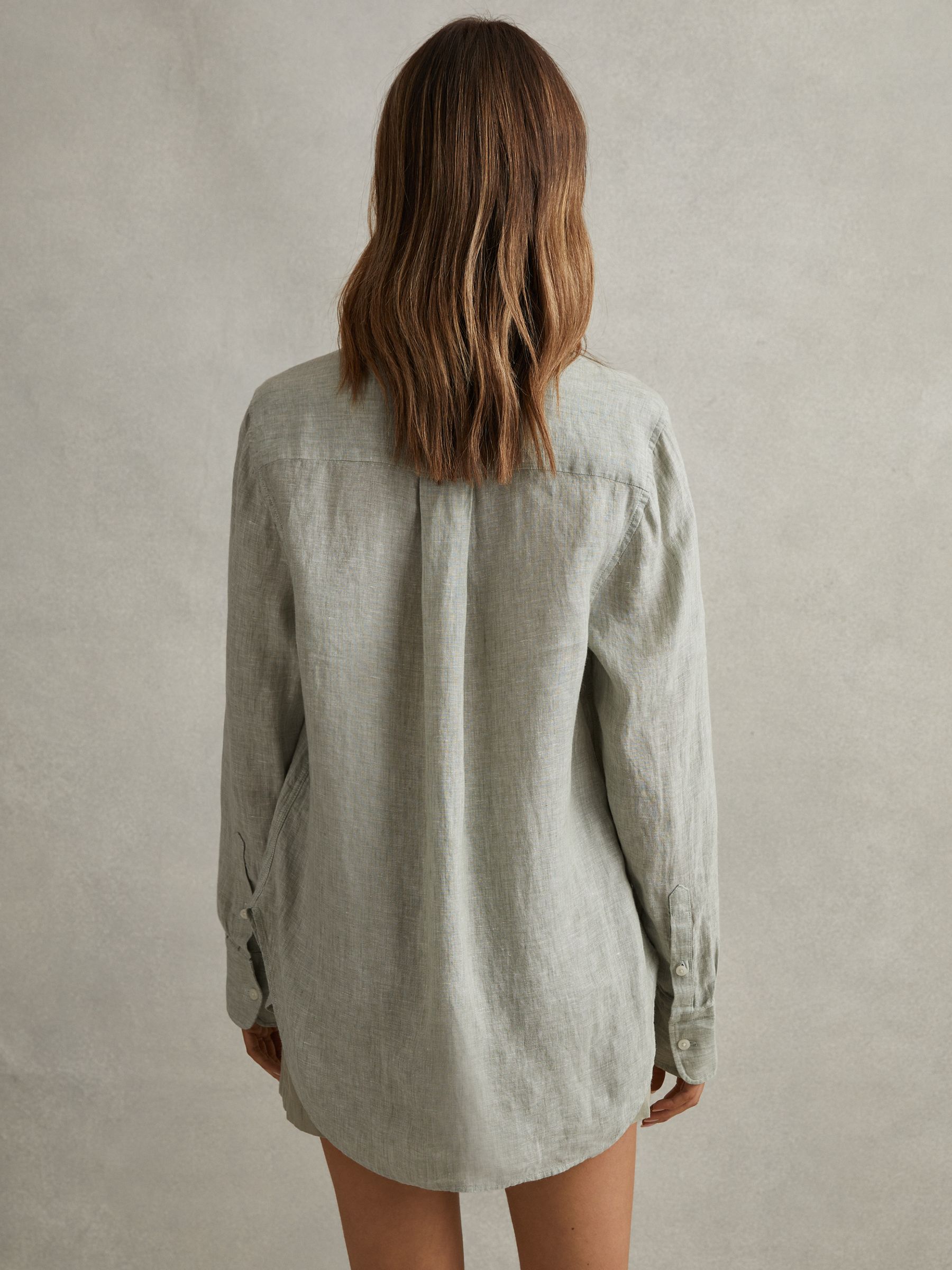 Linen Button-Through Shirt in Sage - Image 4 of 5