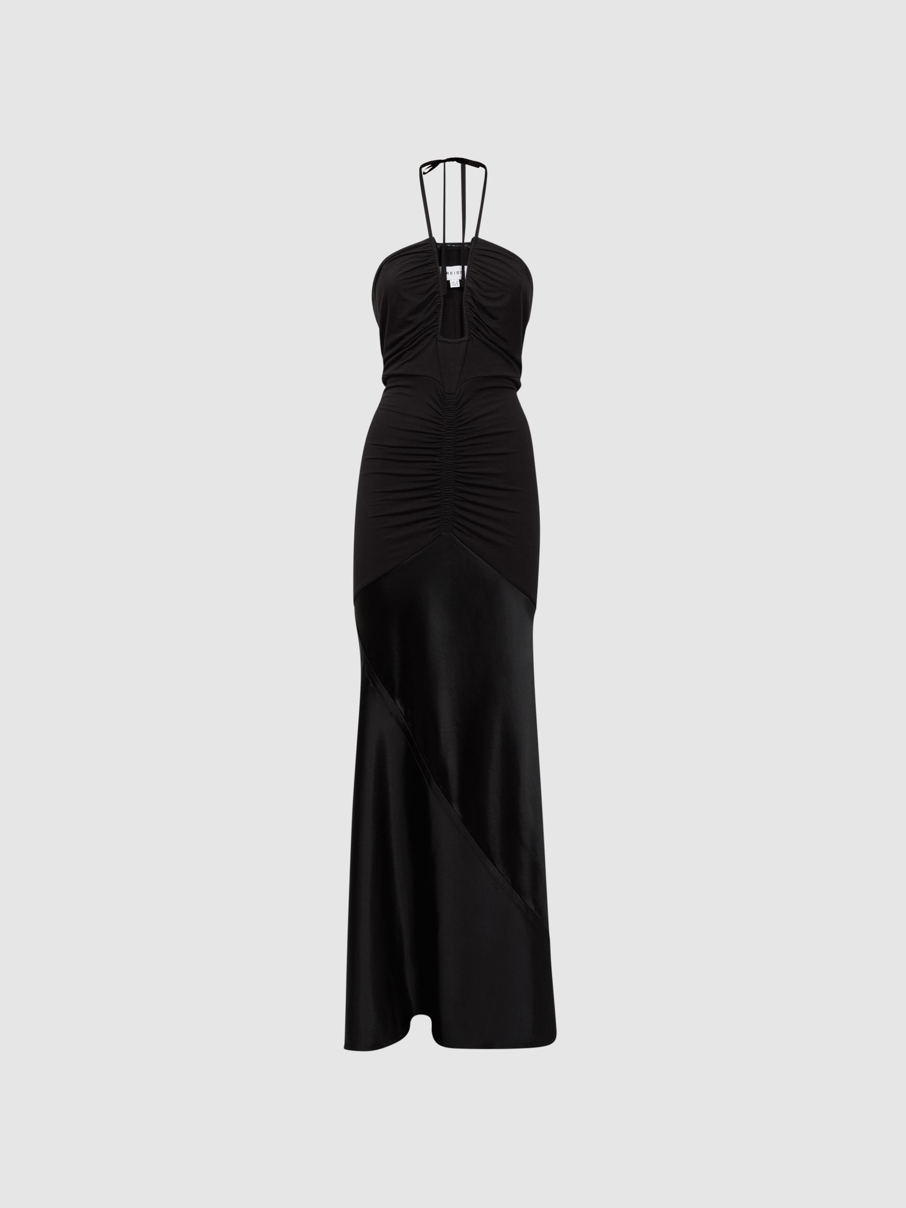 Fitted Plunge Neck Satin Maxi Dress in Black - image 1