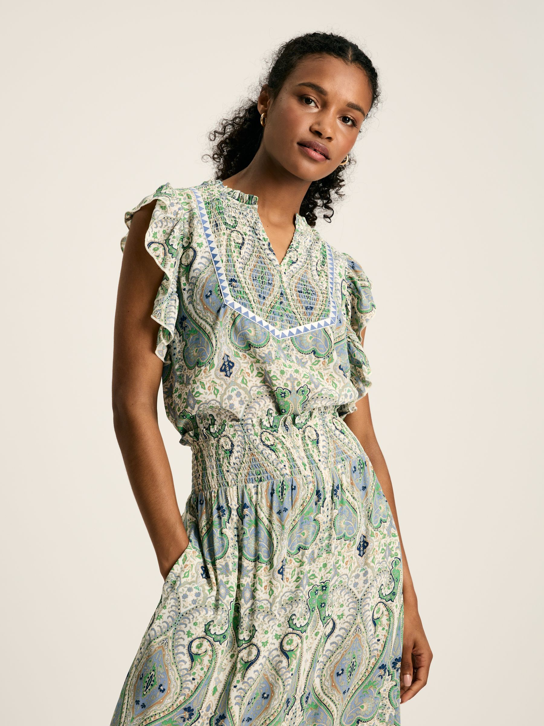 Verity Blue Paisley Frill Shoulder Sleeveless Blouse - Image 1 of 7