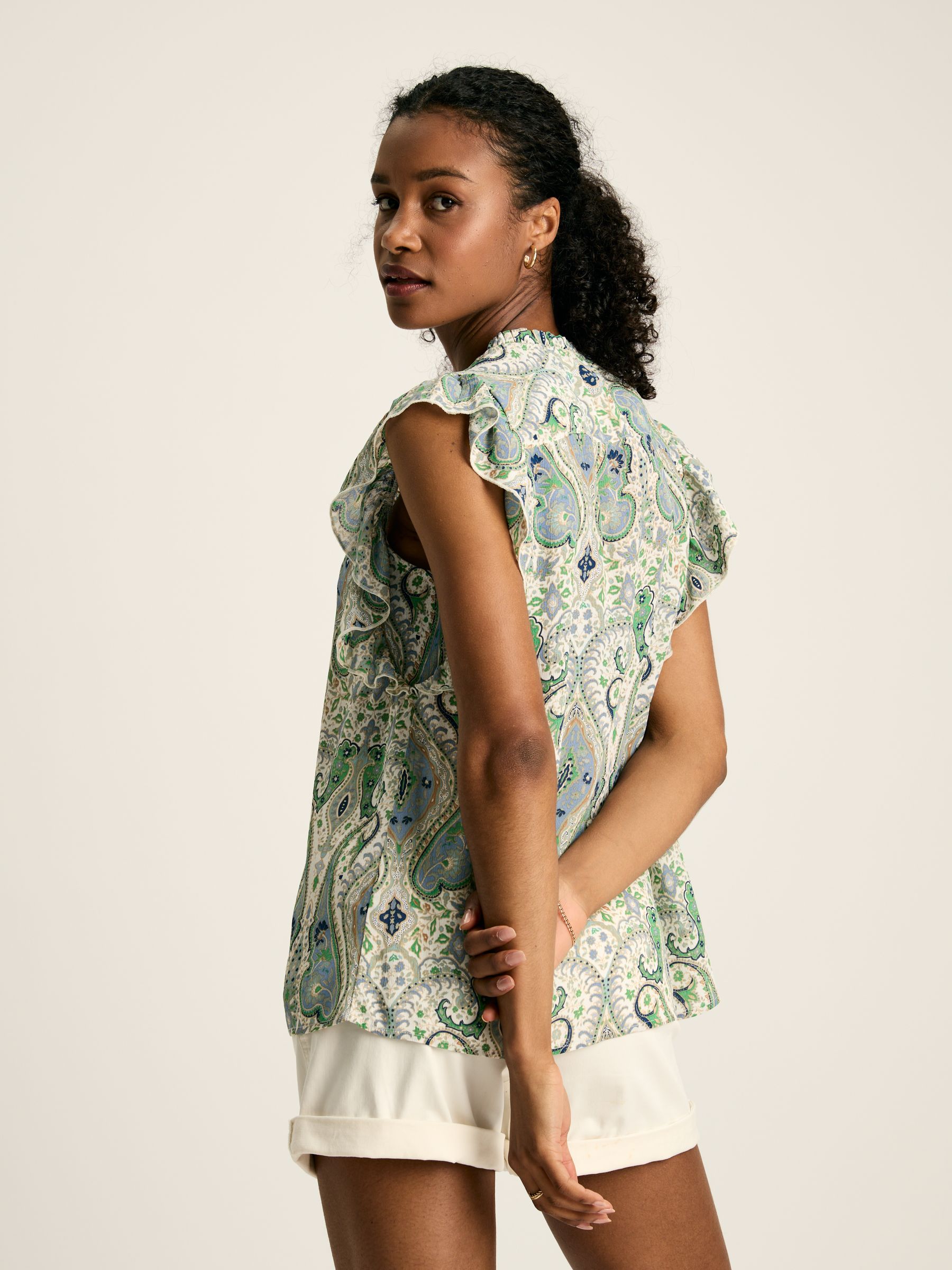 Verity Blue Paisley Frill Shoulder Sleeveless Blouse - Image 4 of 7