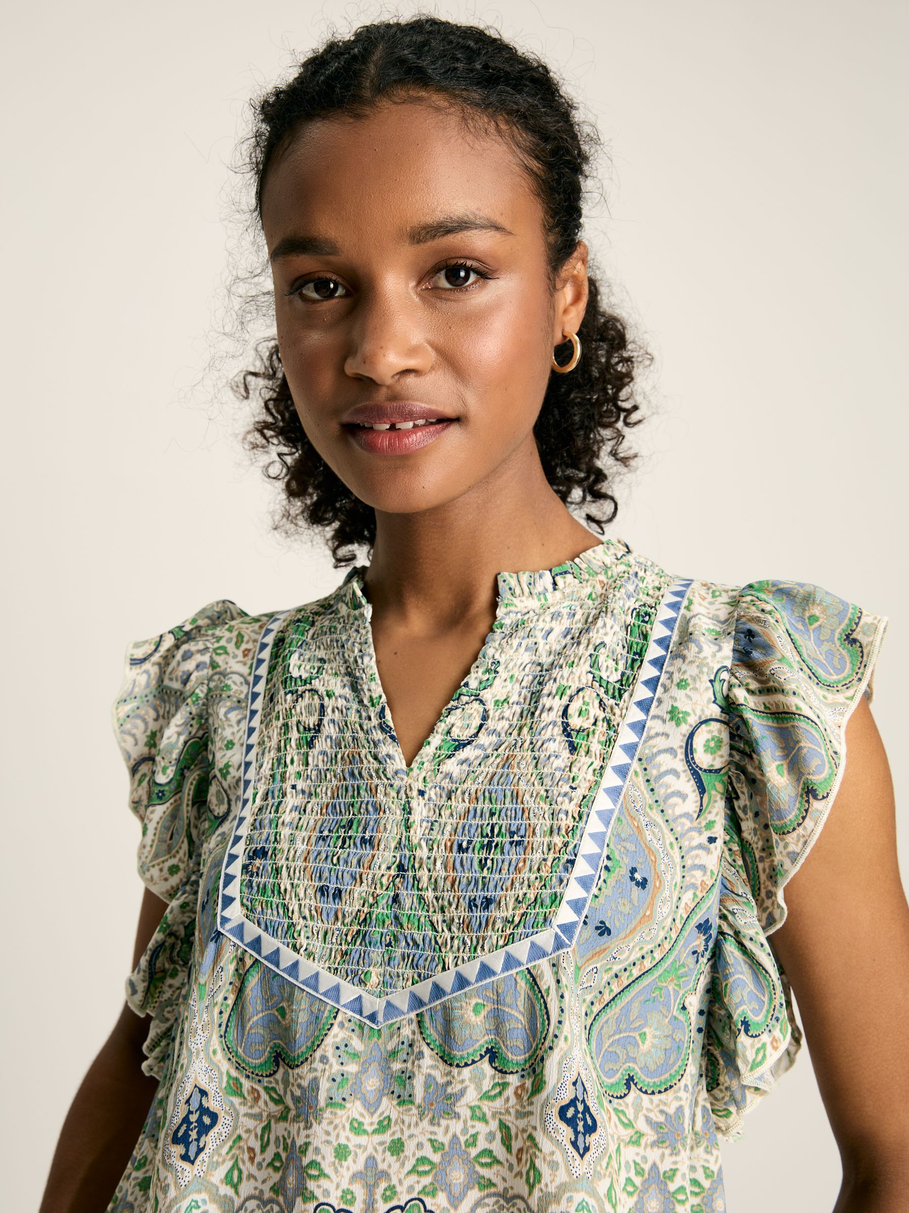 Verity Blue Paisley Frill Shoulder Sleeveless Blouse - Image 6 of 7