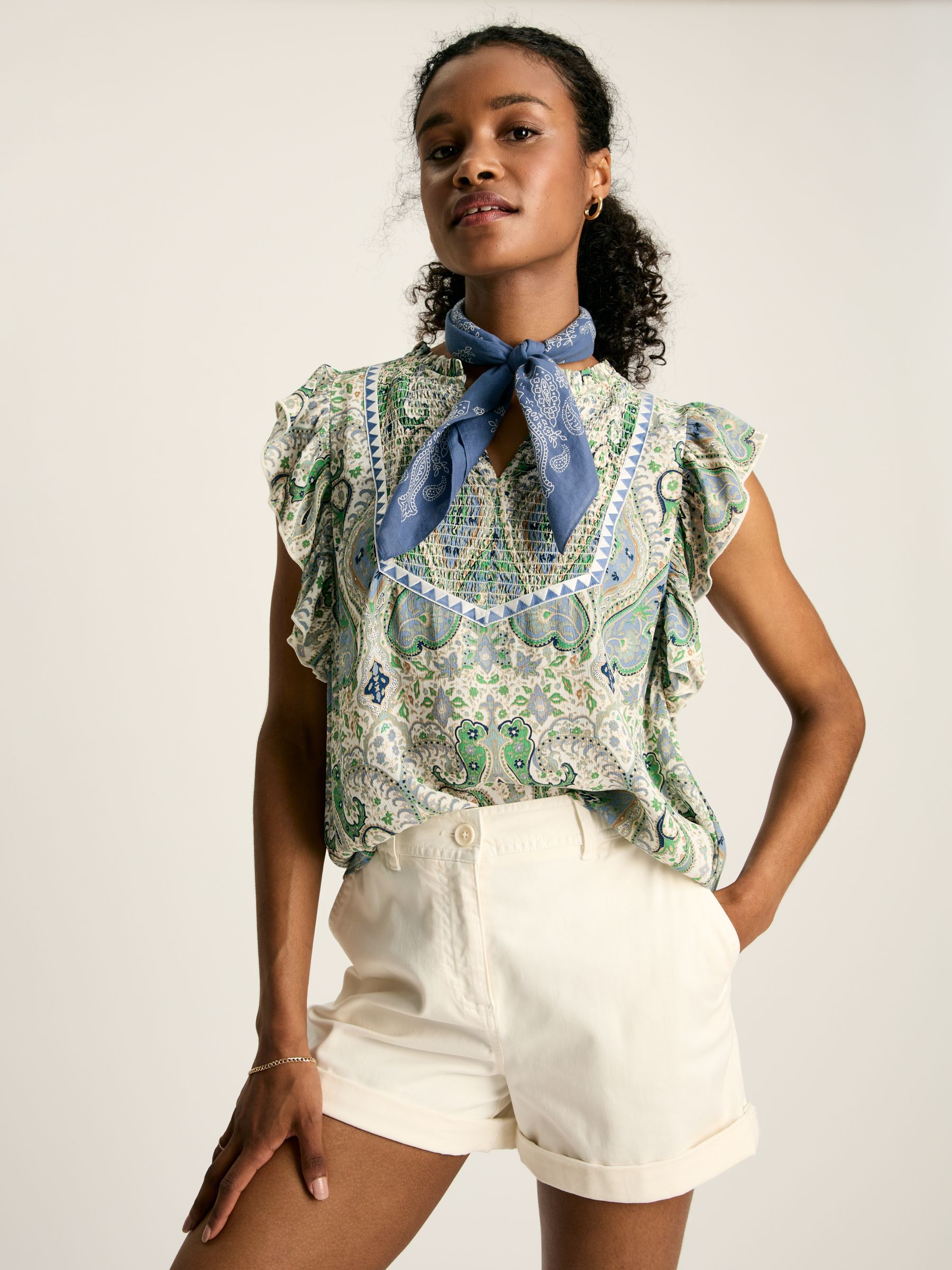 Verity Blue Paisley Frill Shoulder Sleeveless Blouse - Image 9 of 9