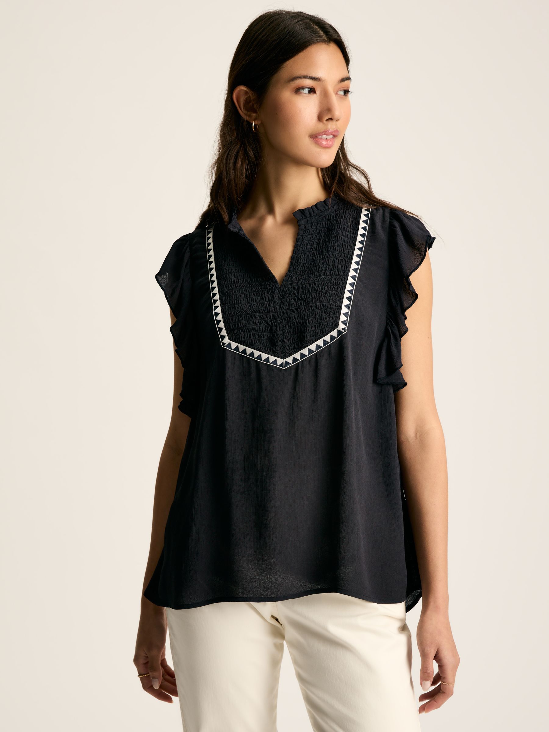 Verity Navy Frill Shoulder Sleeveless Blouse - Image 1 of 6