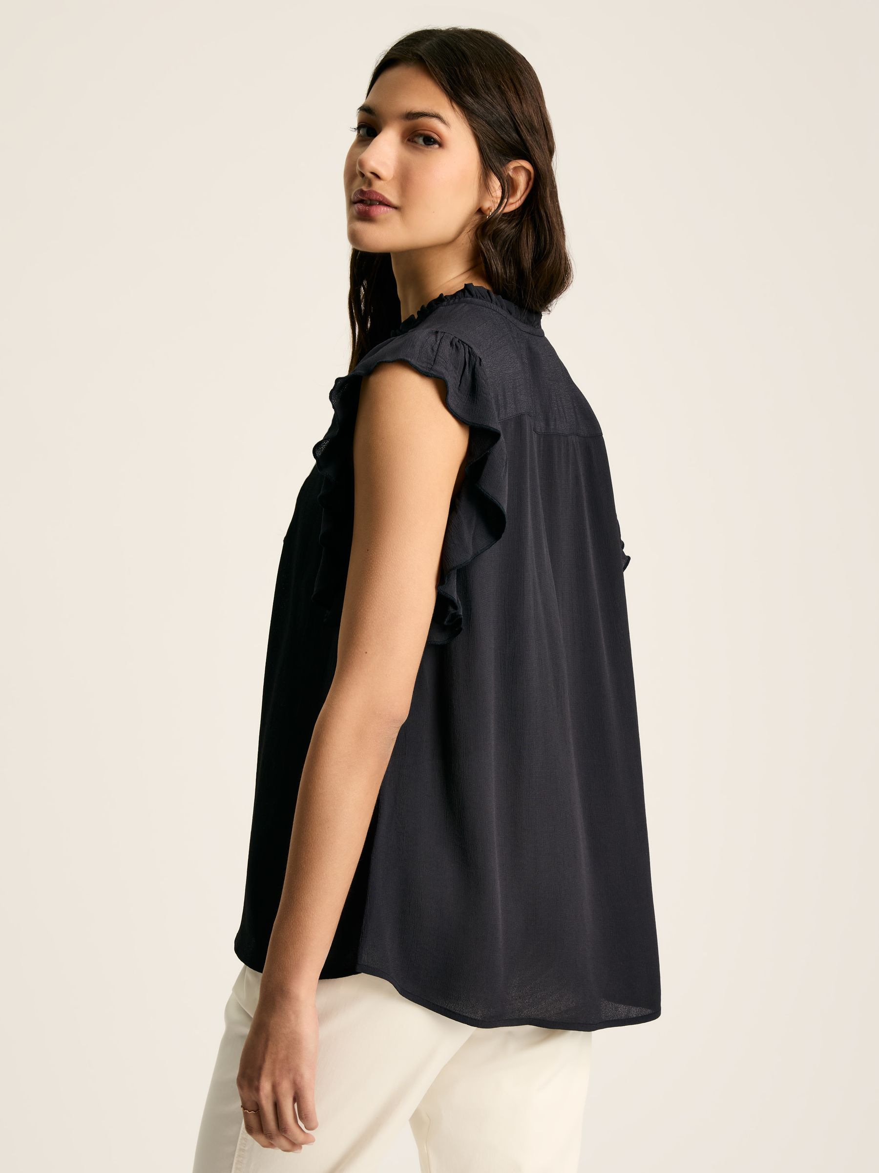 Verity Navy Frill Shoulder Sleeveless Blouse - Image 2 of 6