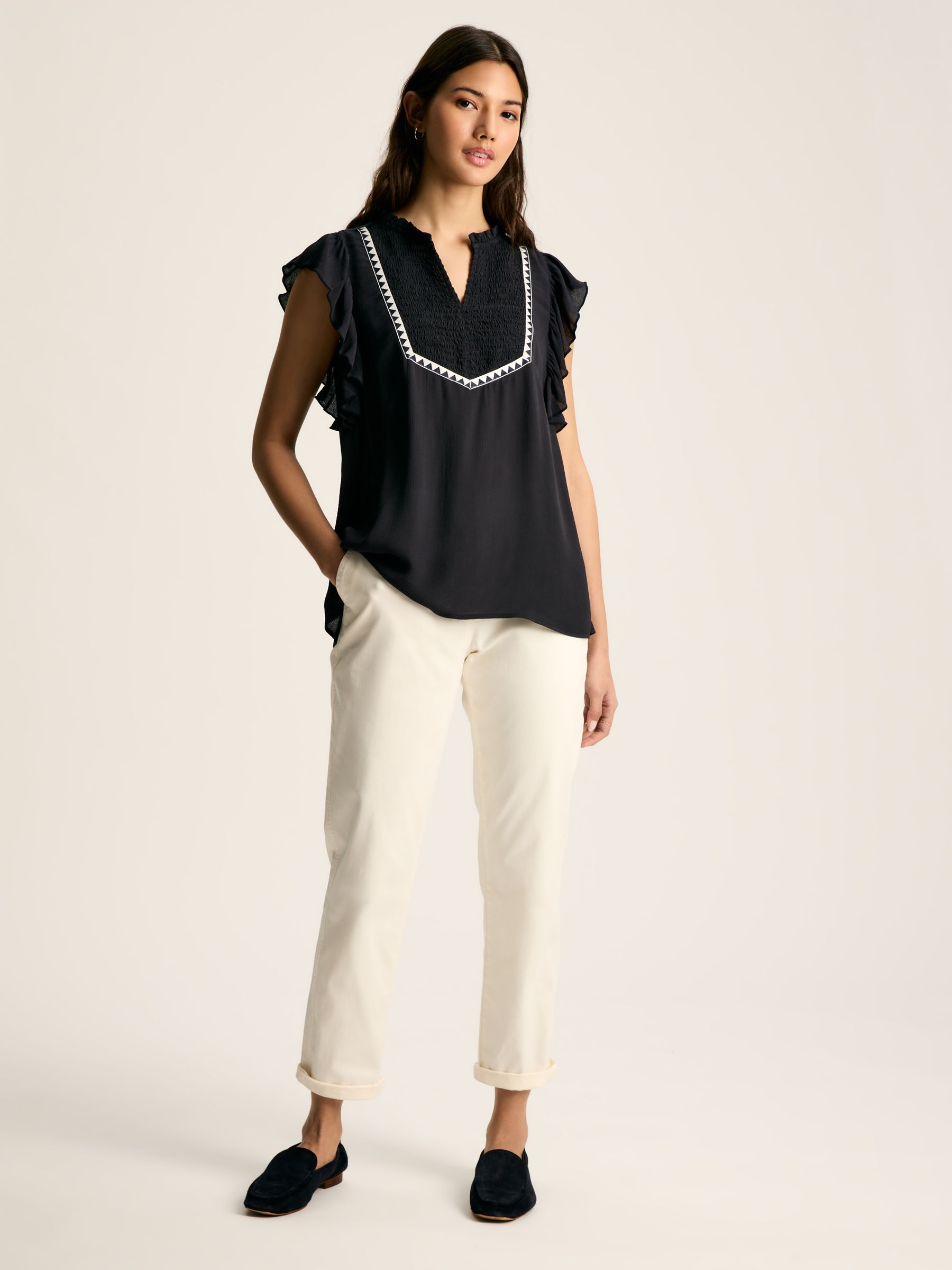 Verity Navy Frill Shoulder Sleeveless Blouse - Image 3 of 6