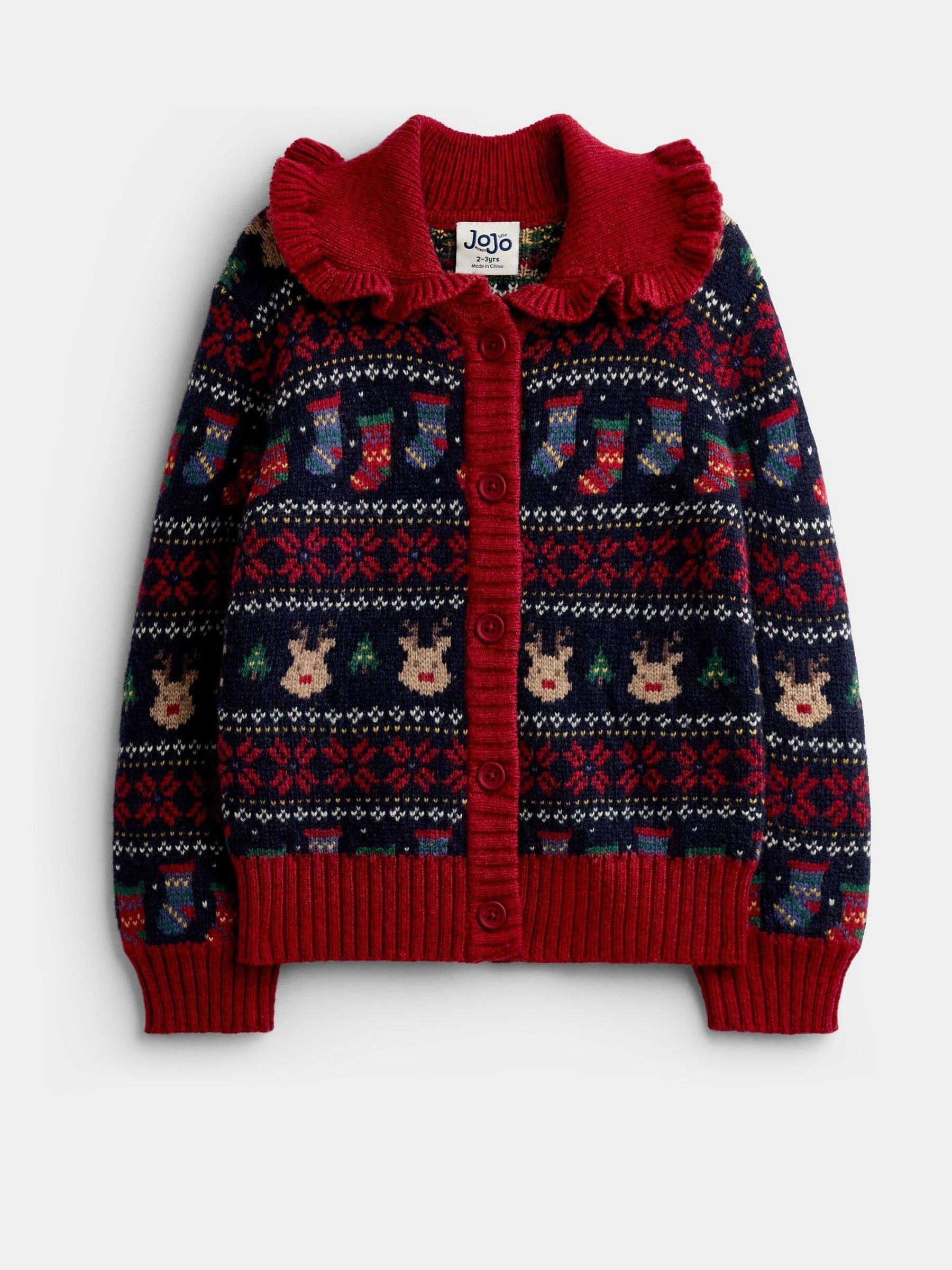 Burgundy Reindeer Christmas Fairisle Collared Cardigan - Image 3 of 6