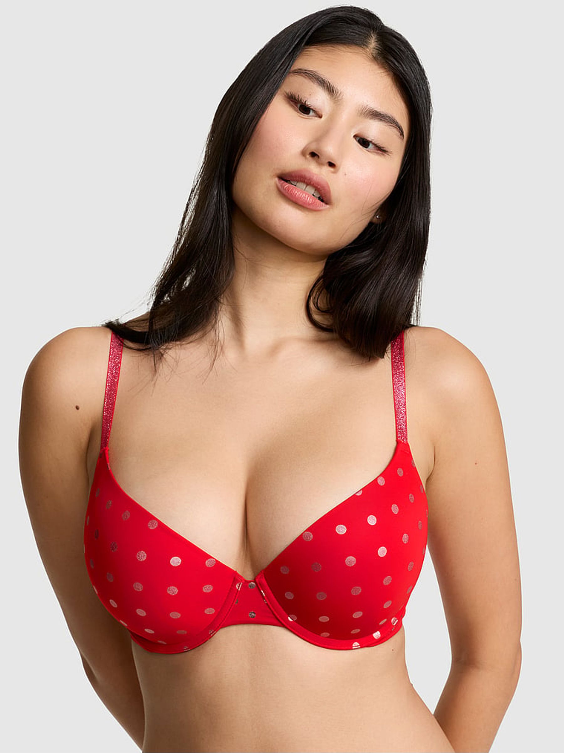 Bright Vermillion Red/Pink Foil Dots Push Up Bra - Image 2 of 3 Bright Vermillion Red/Pink Foil Dots Push Up Bra - Image 2 of 3
