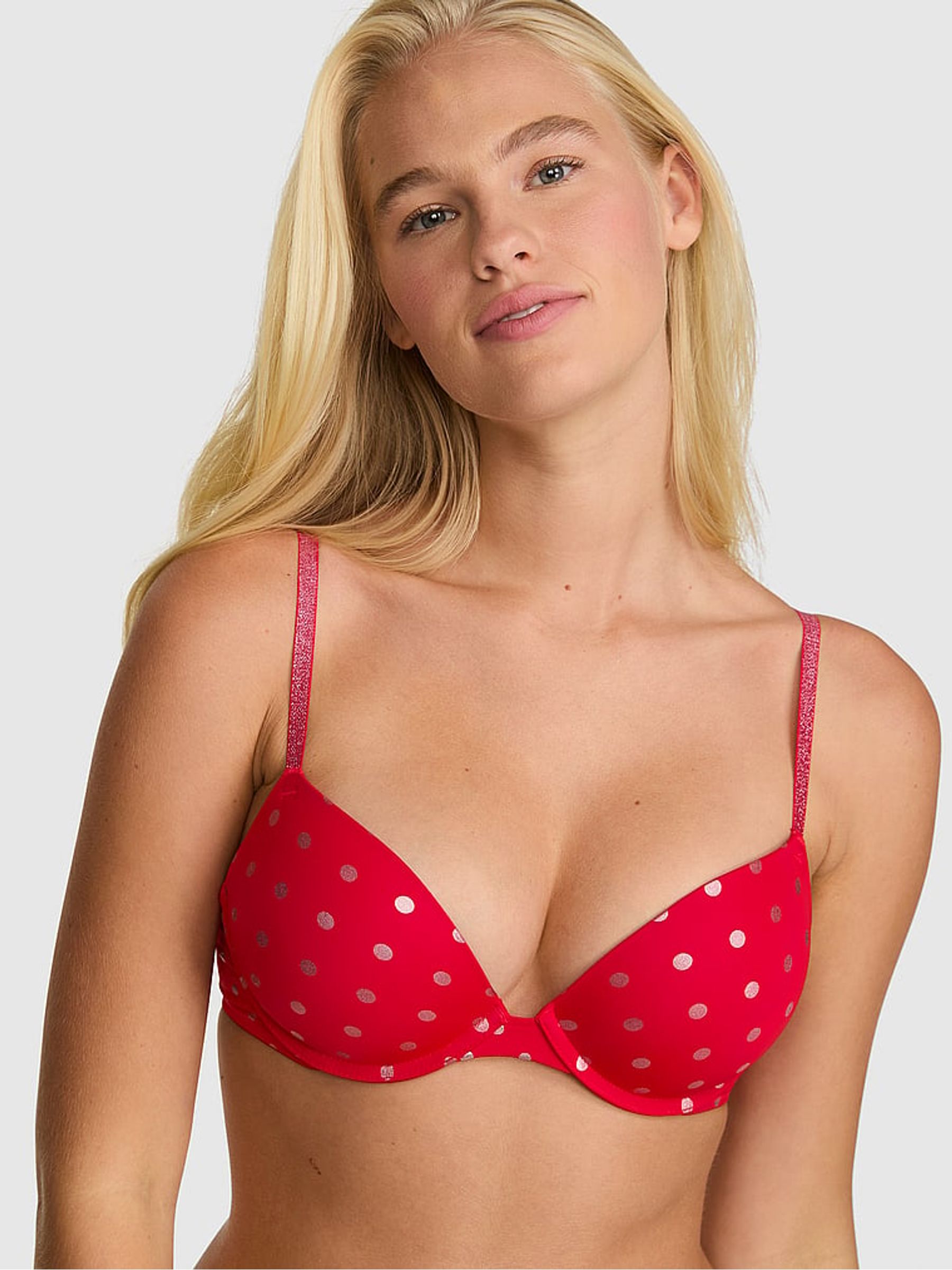 Bright Vermillion Red/Pink Foil Dots Super Push Up Bra - Image 1 of 2 Bright Vermillion Red/Pink Foil Dots Super Push Up Bra - Image 1 of 2