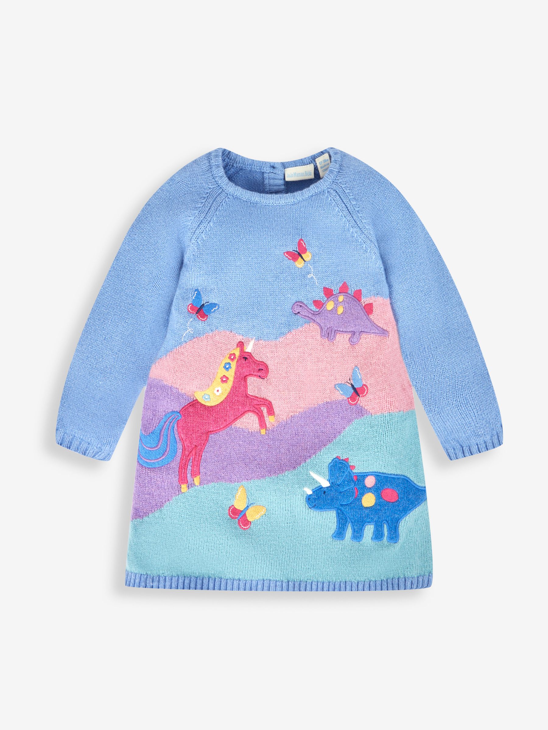 Blue Girls' Dino & Unicorn Scene Knitted Dress - Image 1 of 3