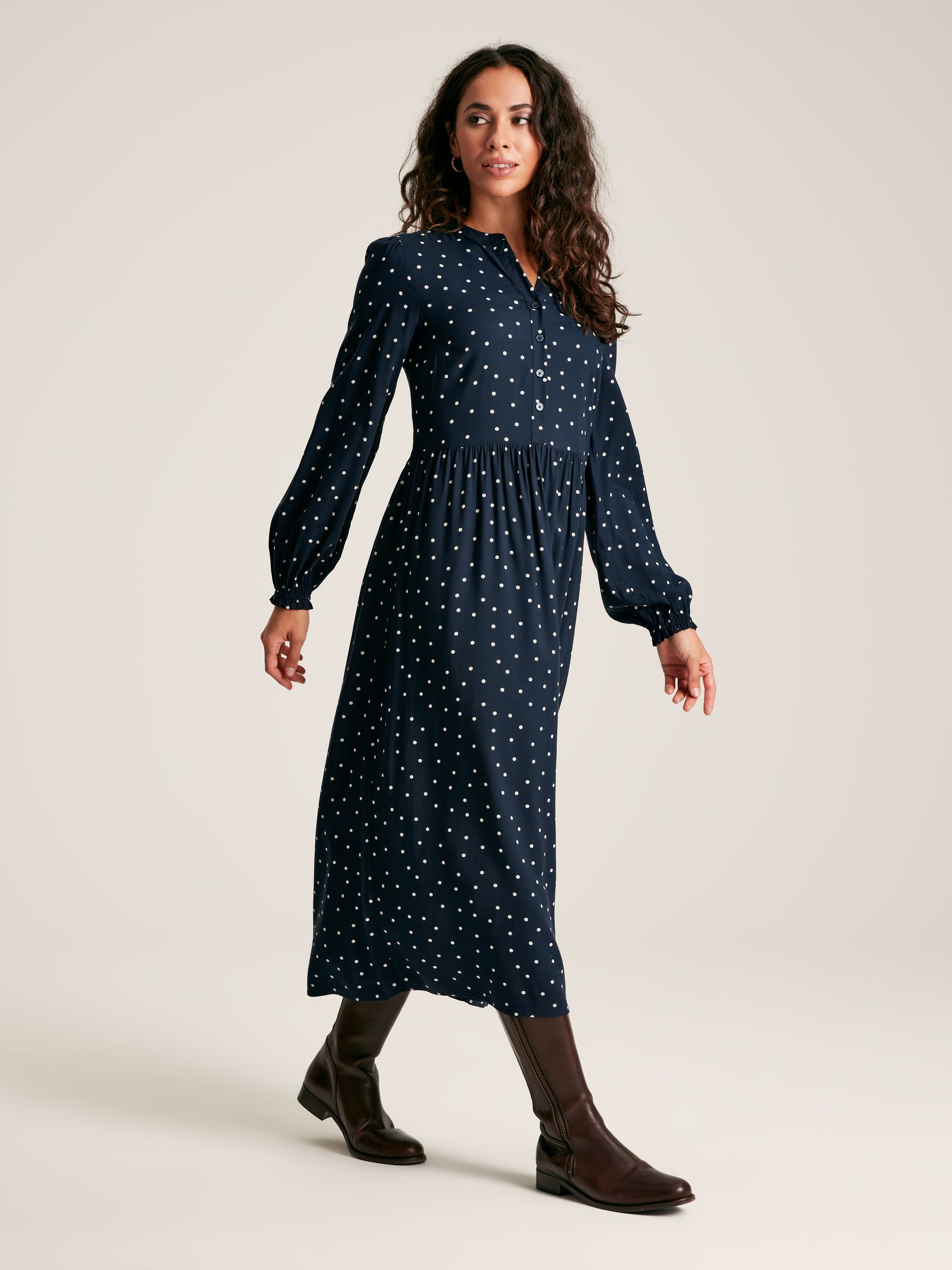 Robyn Navy/White Balloon Sleeve Midi Dress - Image 1 of 6
