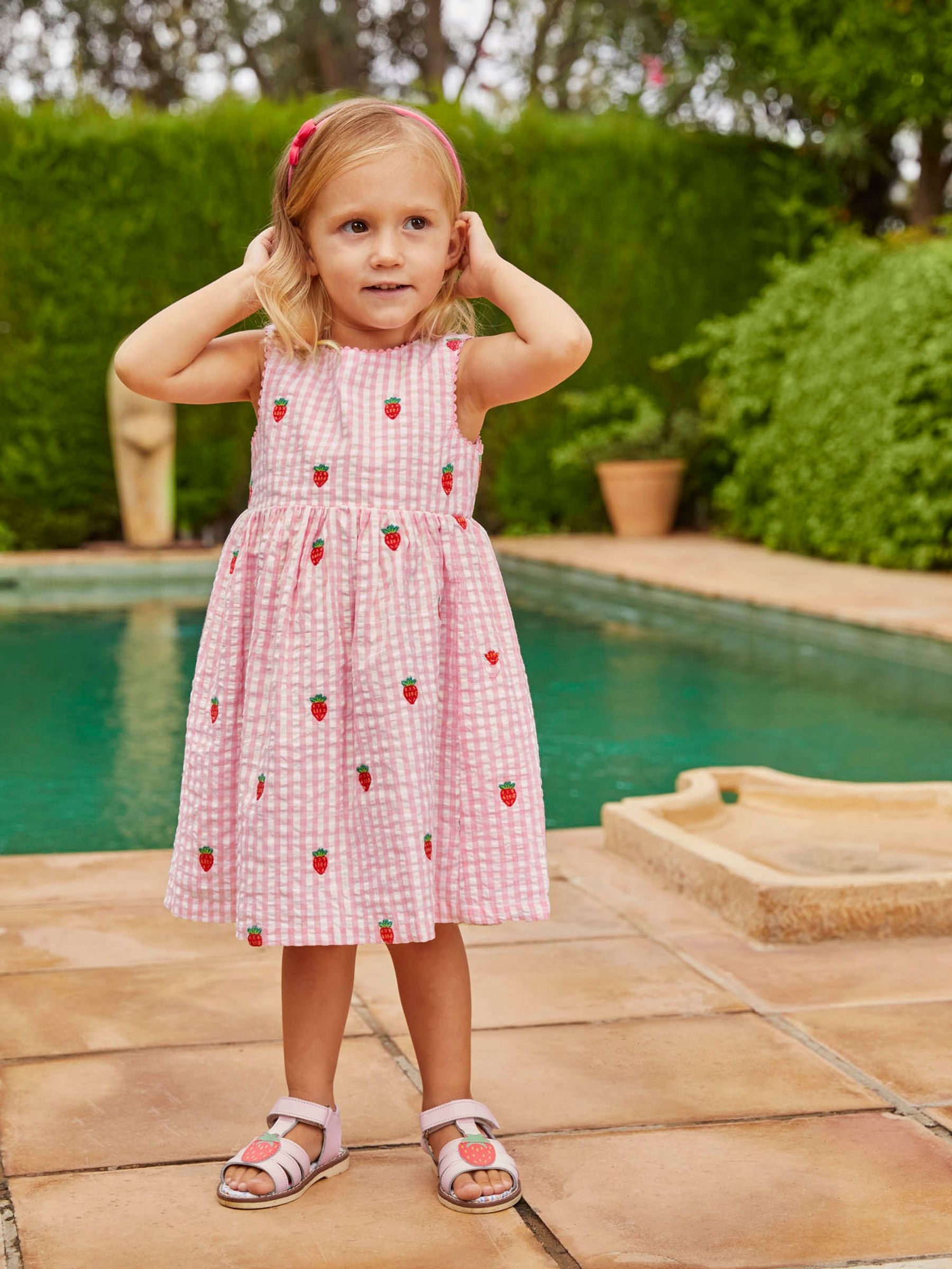 Pink Girls' Strawberry Embroidered Gingham Dress - Image 5 of 9