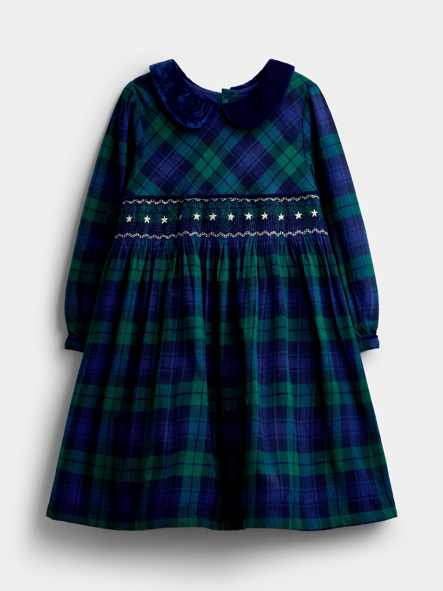 Navy Blue Tartan Velvet Collar Christmas Smocked Dress - Image 1 of 5