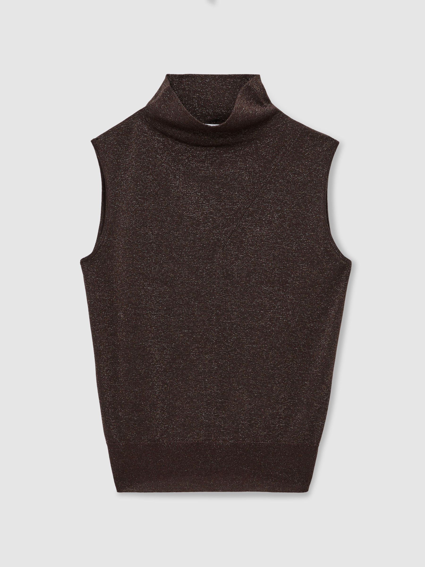 Wool-Blend Metallic-Knit Funnel-Neck Vest in Chocolate Brown - Image 2 of 6