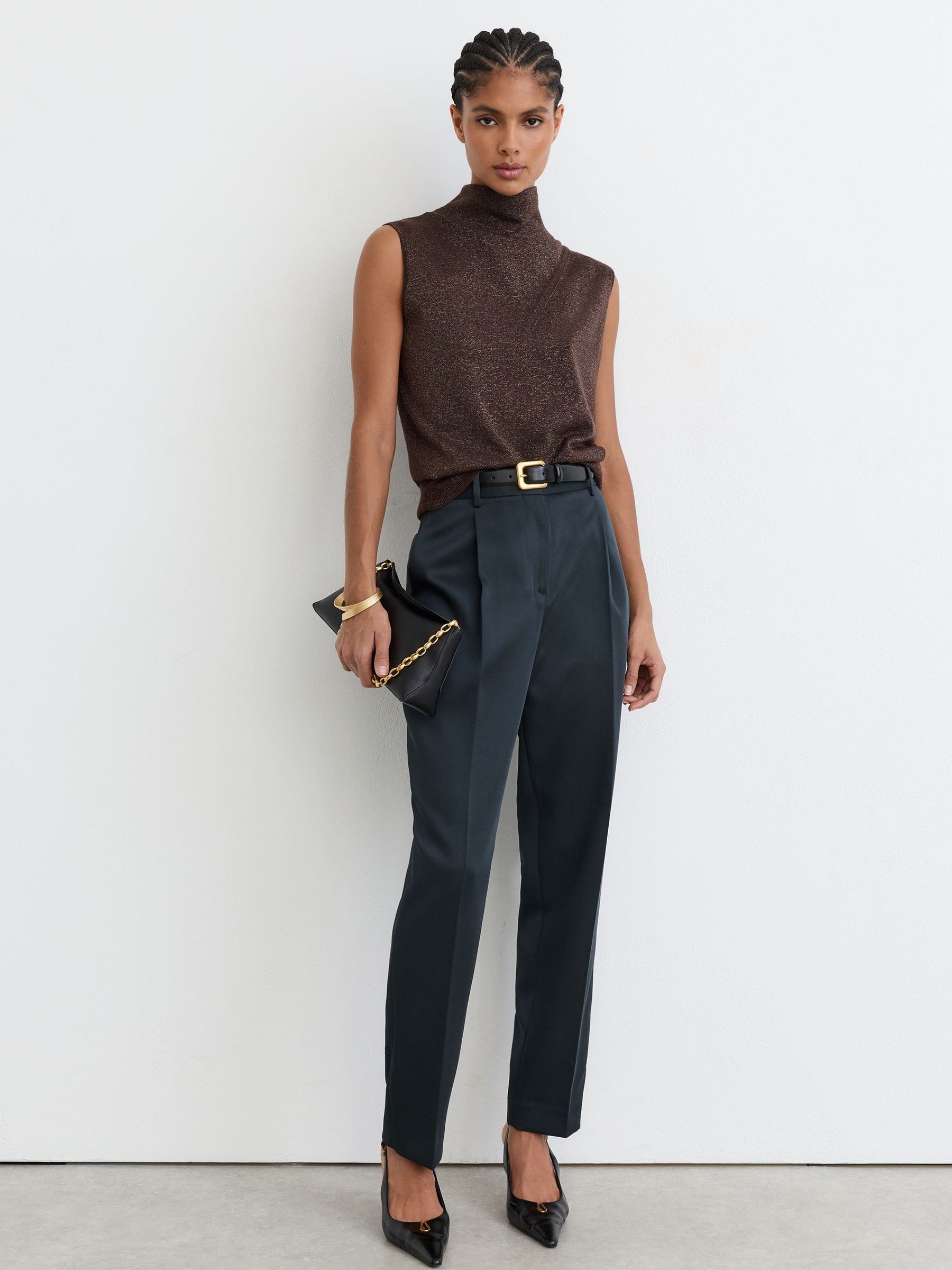 Wool-Blend Metallic-Knit Funnel-Neck Vest in Chocolate Brown - Image 3 of 6