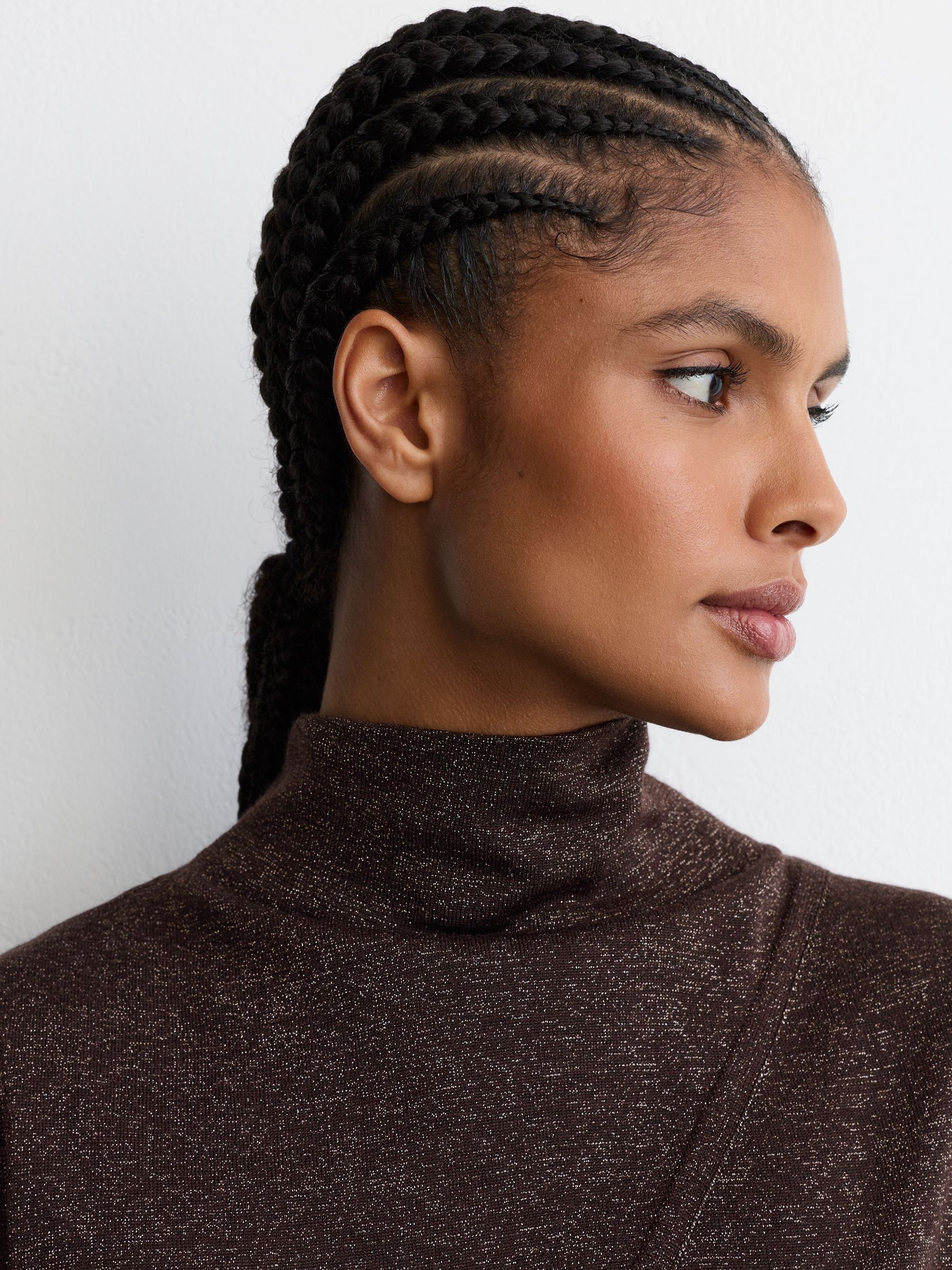 Wool-Blend Metallic-Knit Funnel-Neck Vest in Chocolate Brown - Image 4 of 6