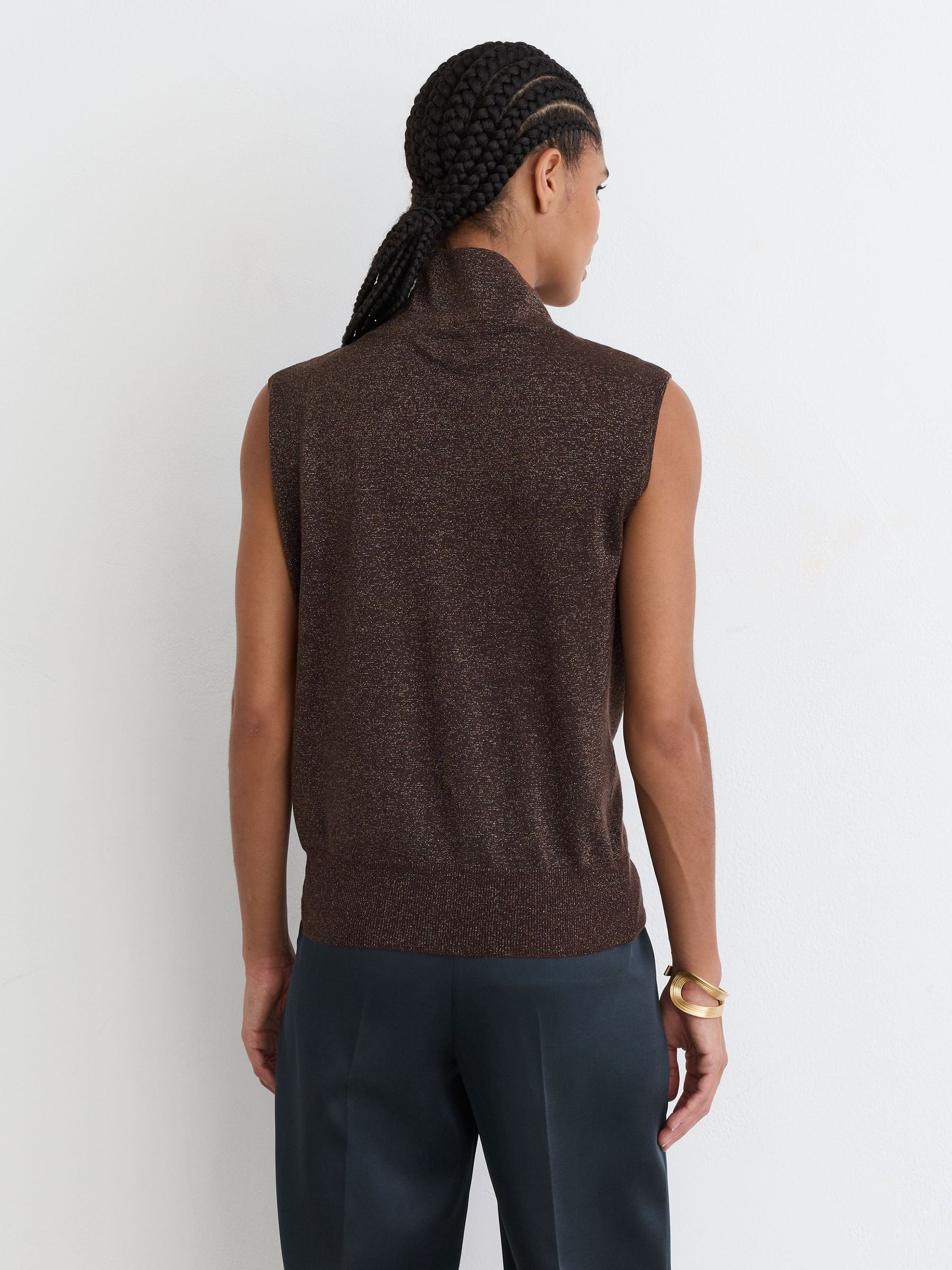 Wool-Blend Metallic-Knit Funnel-Neck Vest in Chocolate Brown - Image 5 of 6