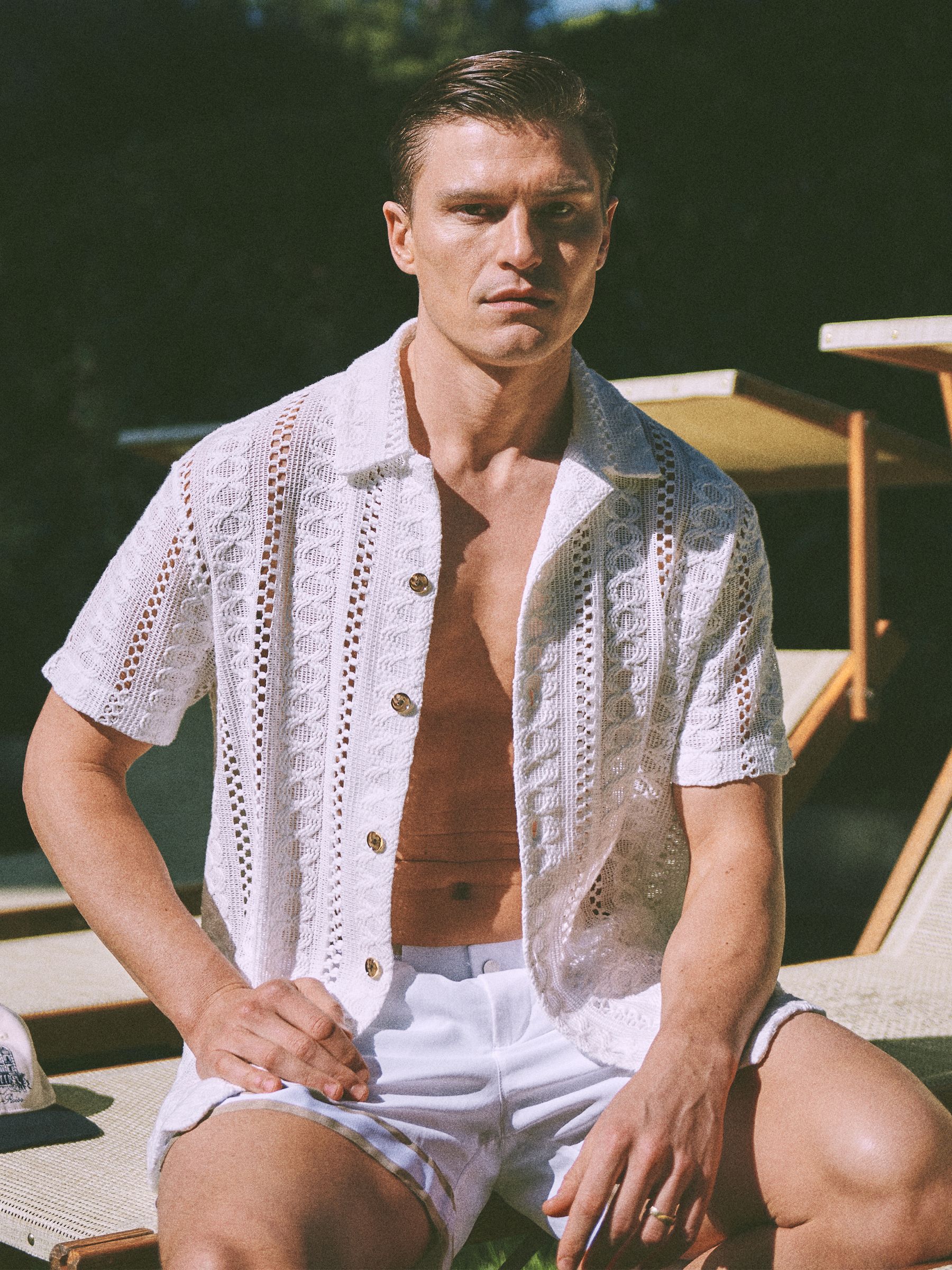 Reiss | Ché Knitted Cuban Collar Button Through Shirt in Ecru - Image 1 of 6