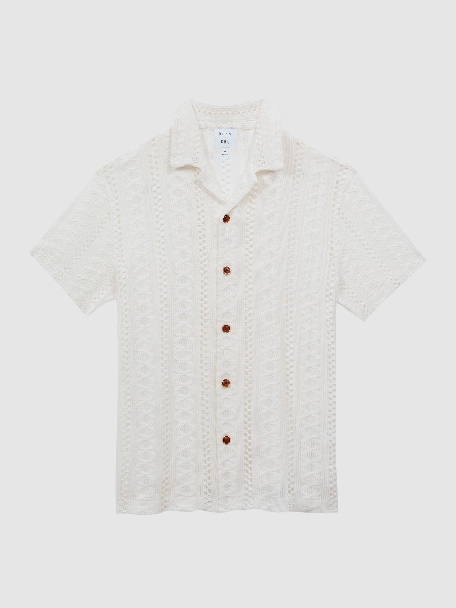 Reiss | Ché Knitted Cuban Collar Button Through Shirt in Ecru - Image 2 of 6