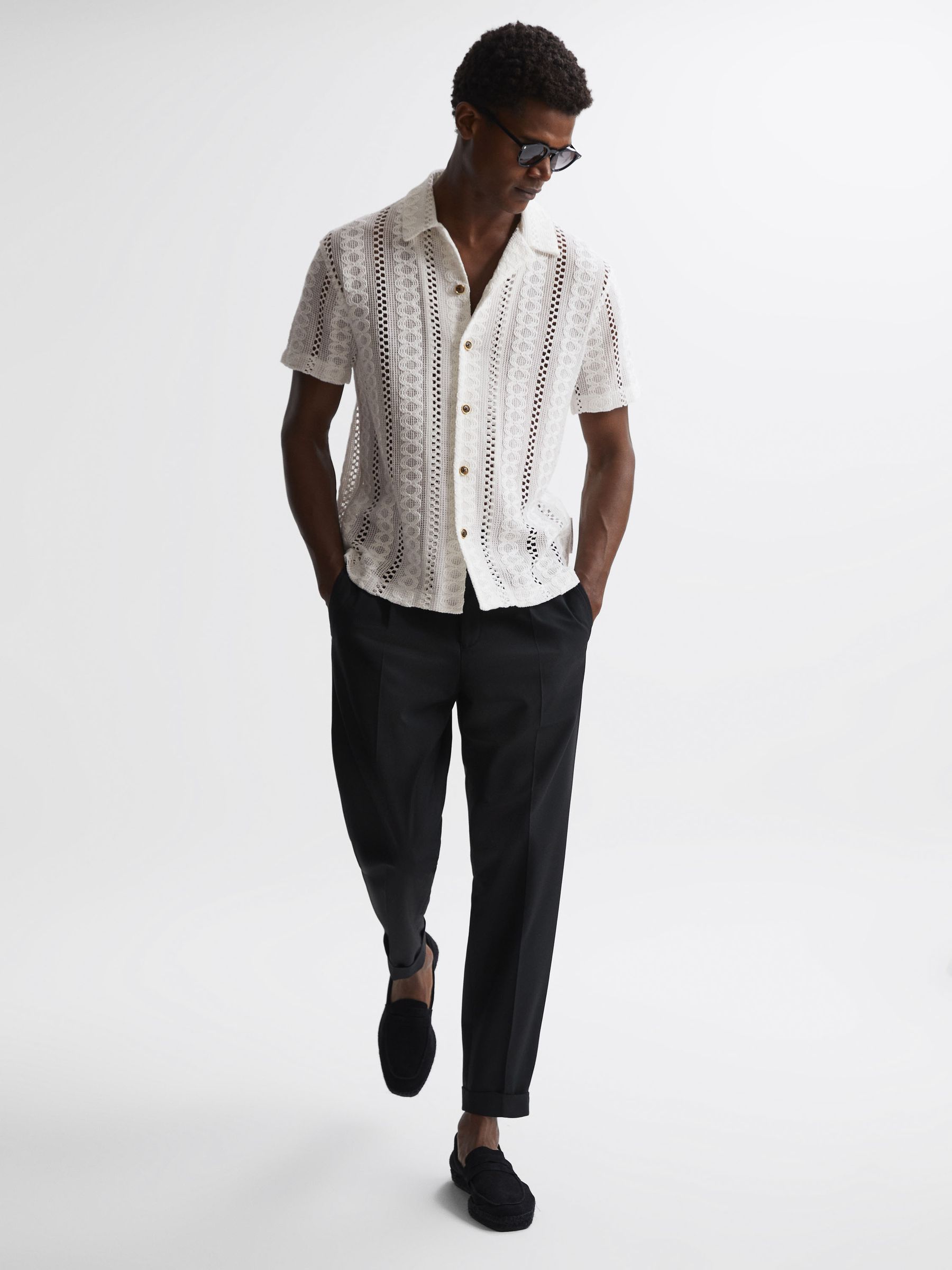 Reiss | Ché Knitted Cuban Collar Button Through Shirt in Ecru - Image 4 of 6