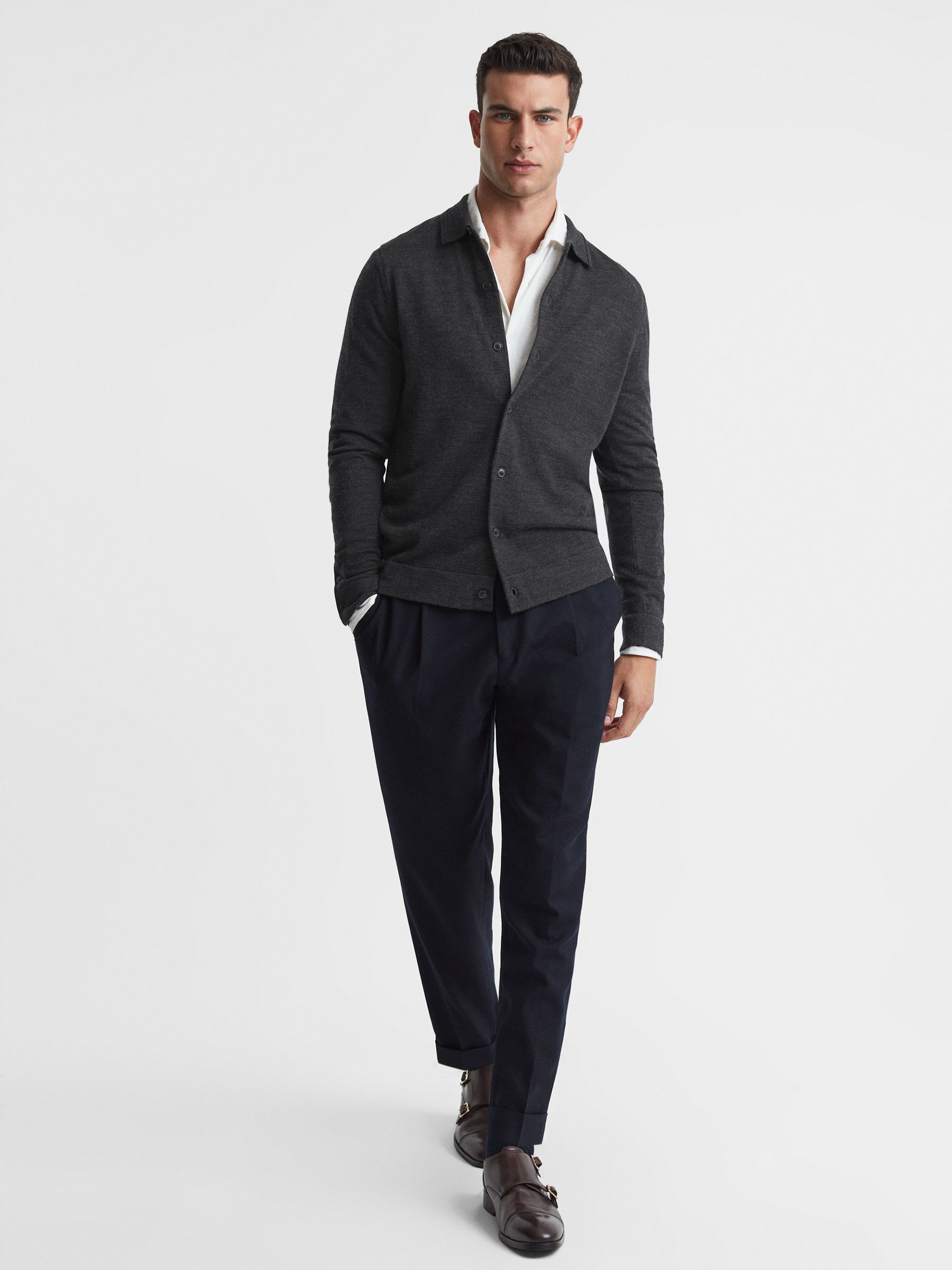 Merino Wool Button-Through Cardigan in Charcoal - Image 4 of 5