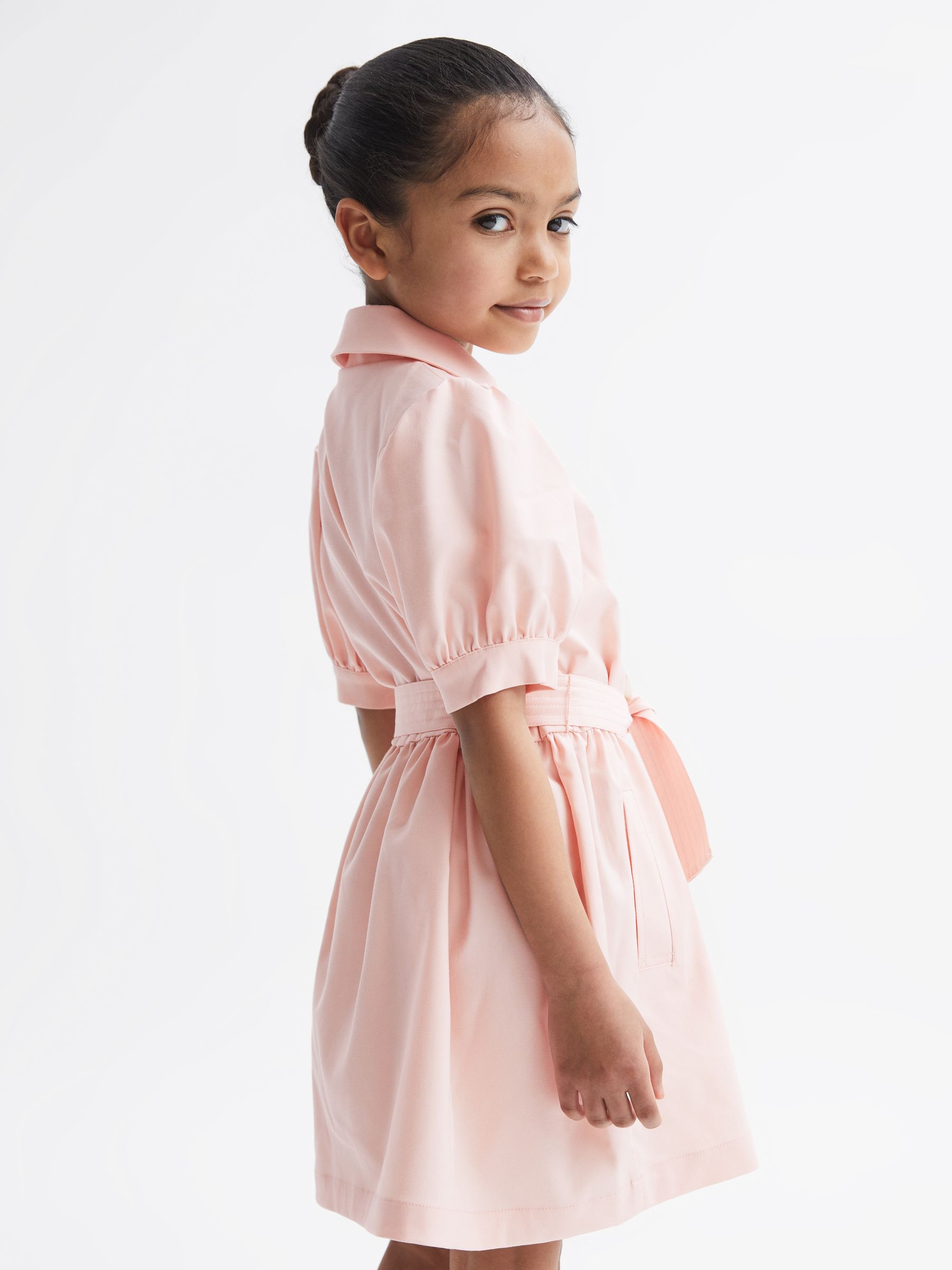 Puff Sleeve Belted Dress in Pink - Image 7 of 8