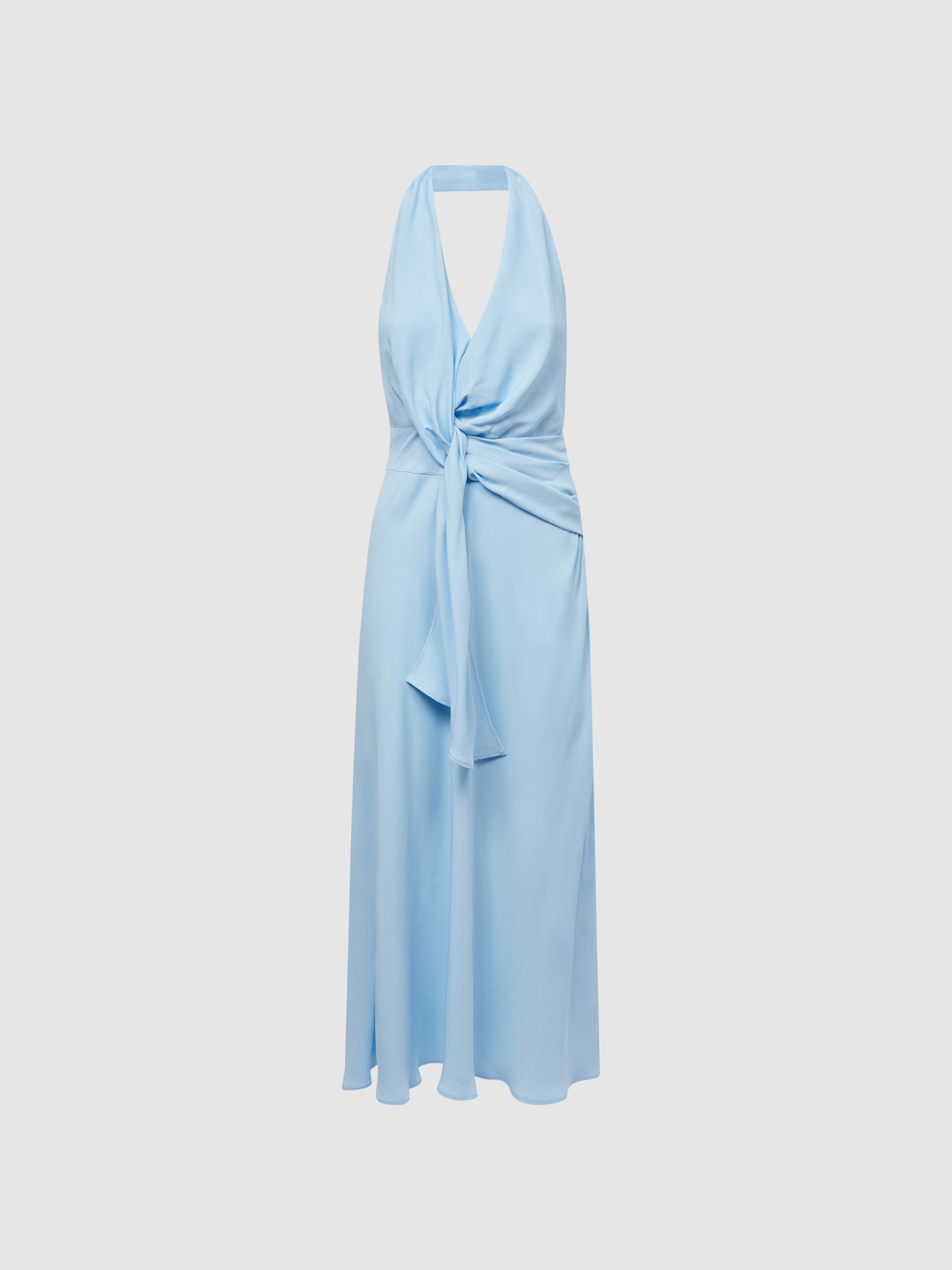 Halter Neck Tie Detail Midi Dress in Blue - Image 2 of 5