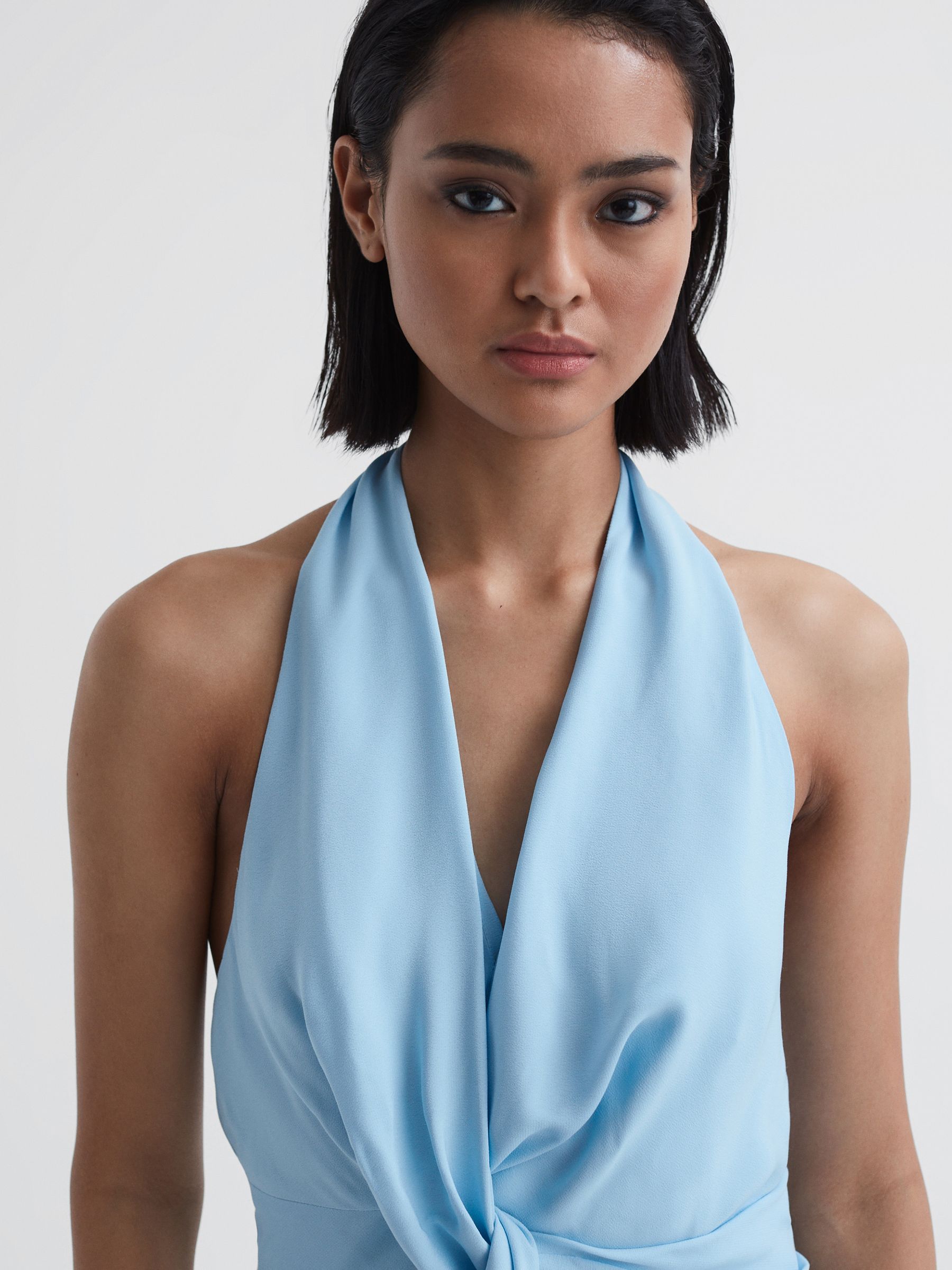 Halter Neck Tie Detail Midi Dress in Blue - Image 3 of 5