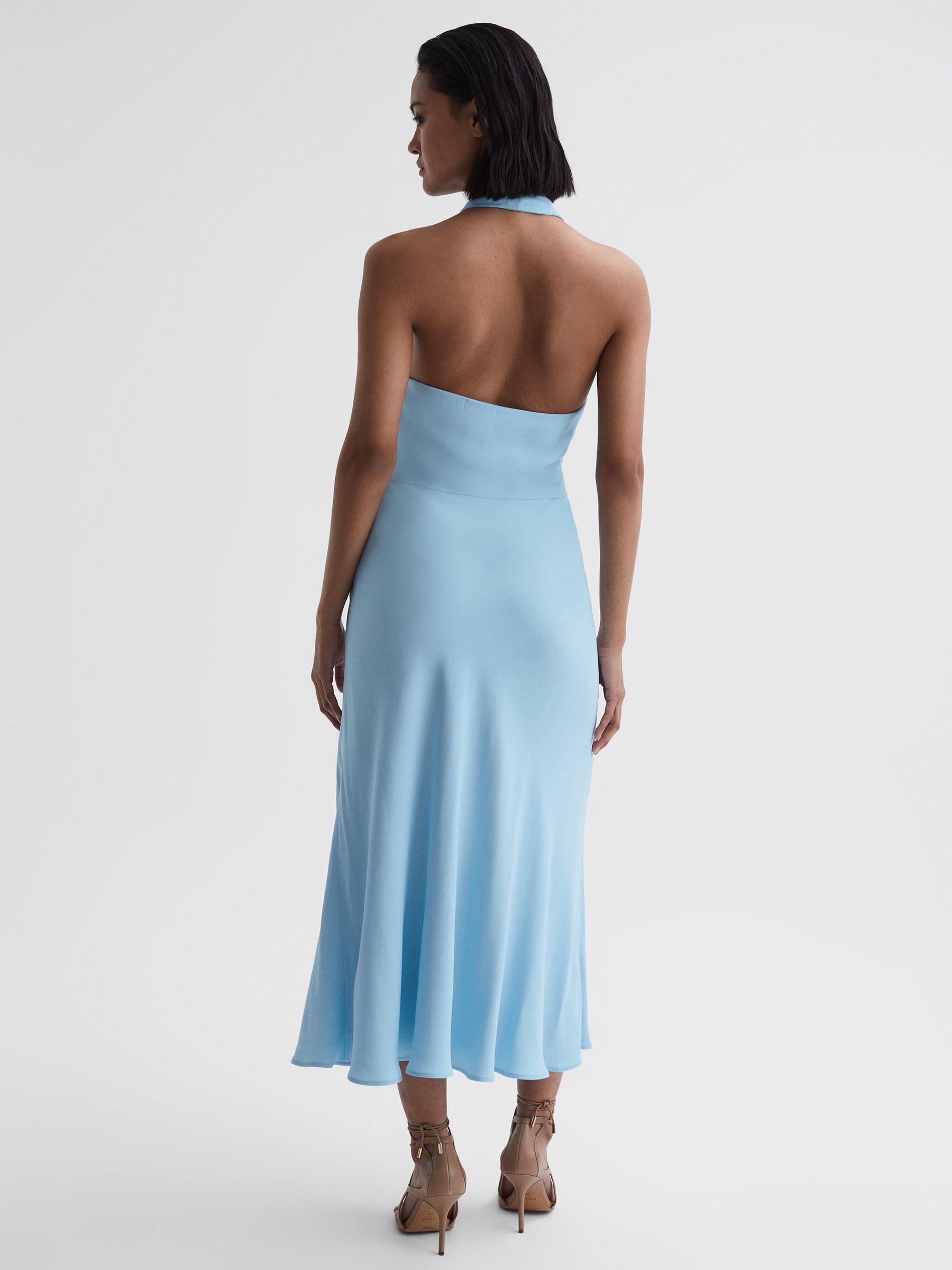 Halter Neck Tie Detail Midi Dress in Blue - Image 4 of 5
