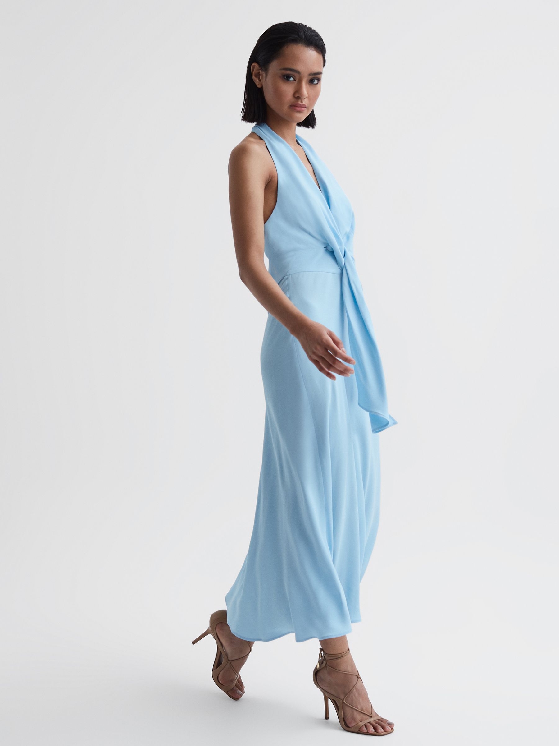 Halter Neck Tie Detail Midi Dress in Blue - Image 5 of 5