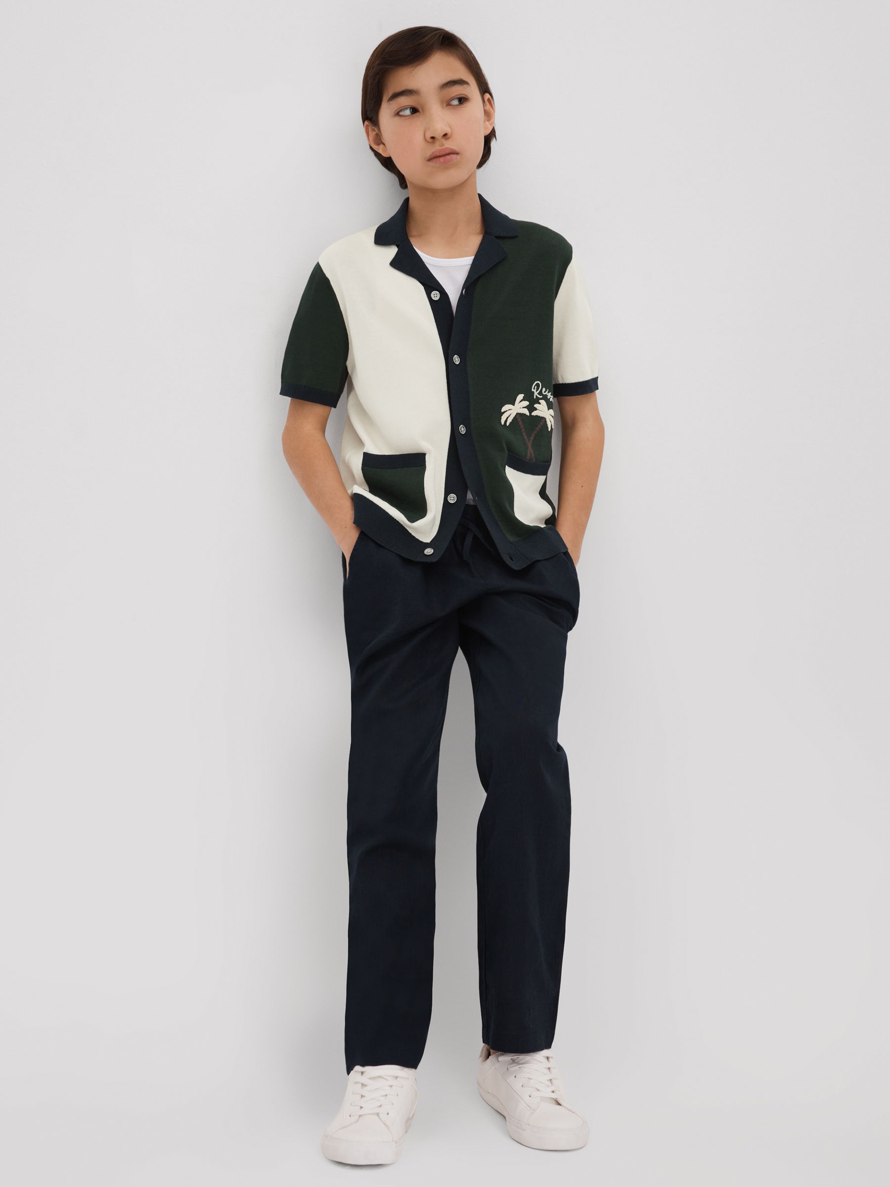 9-13 yrs Knitted Colourblock Cuban Collar Shirt in Green Multi - Image 1 of 4