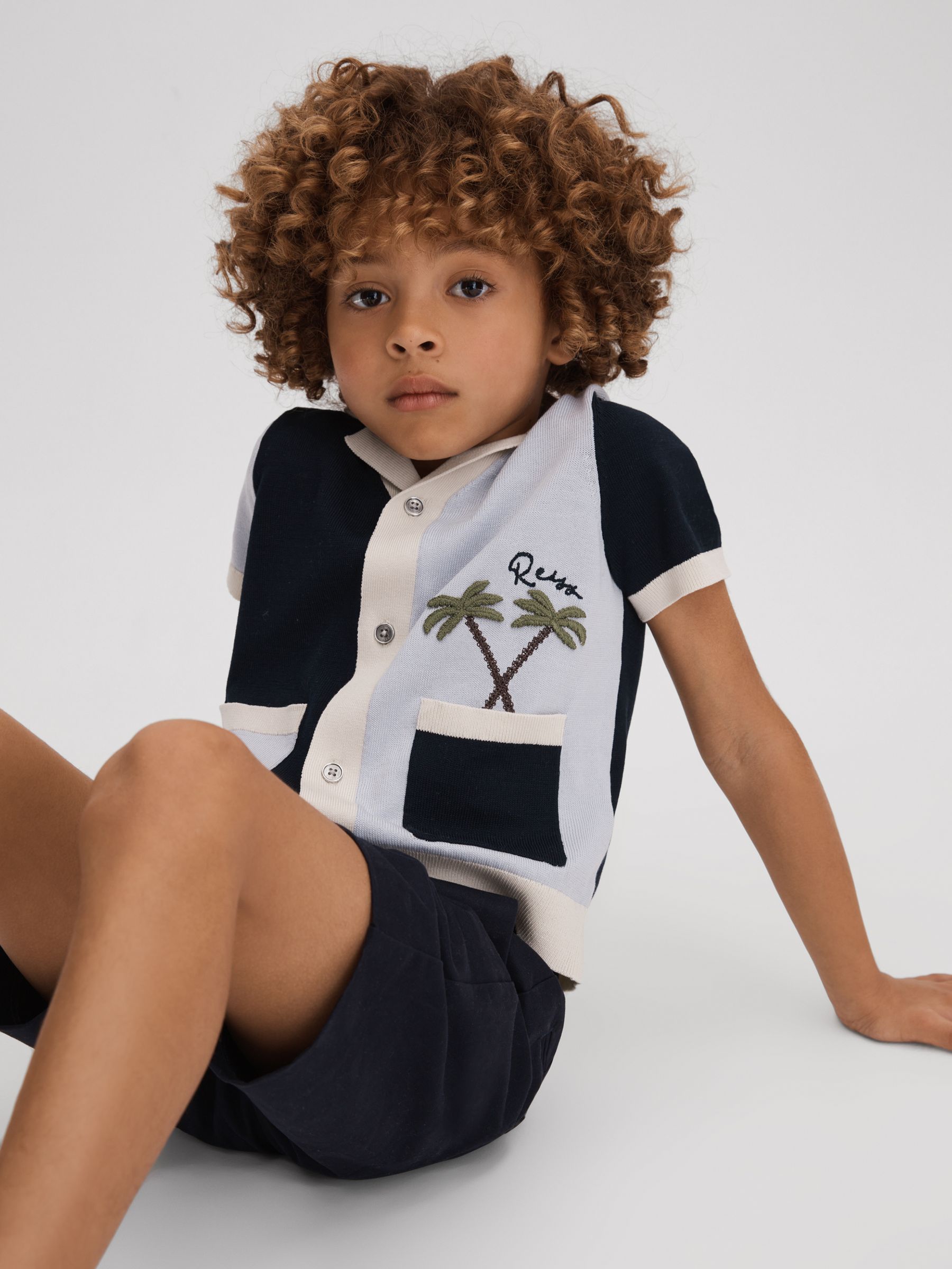 9-13 yrs Knitted Colourblock Cuban Collar Shirt in Blue Multi - Image 1 of 4