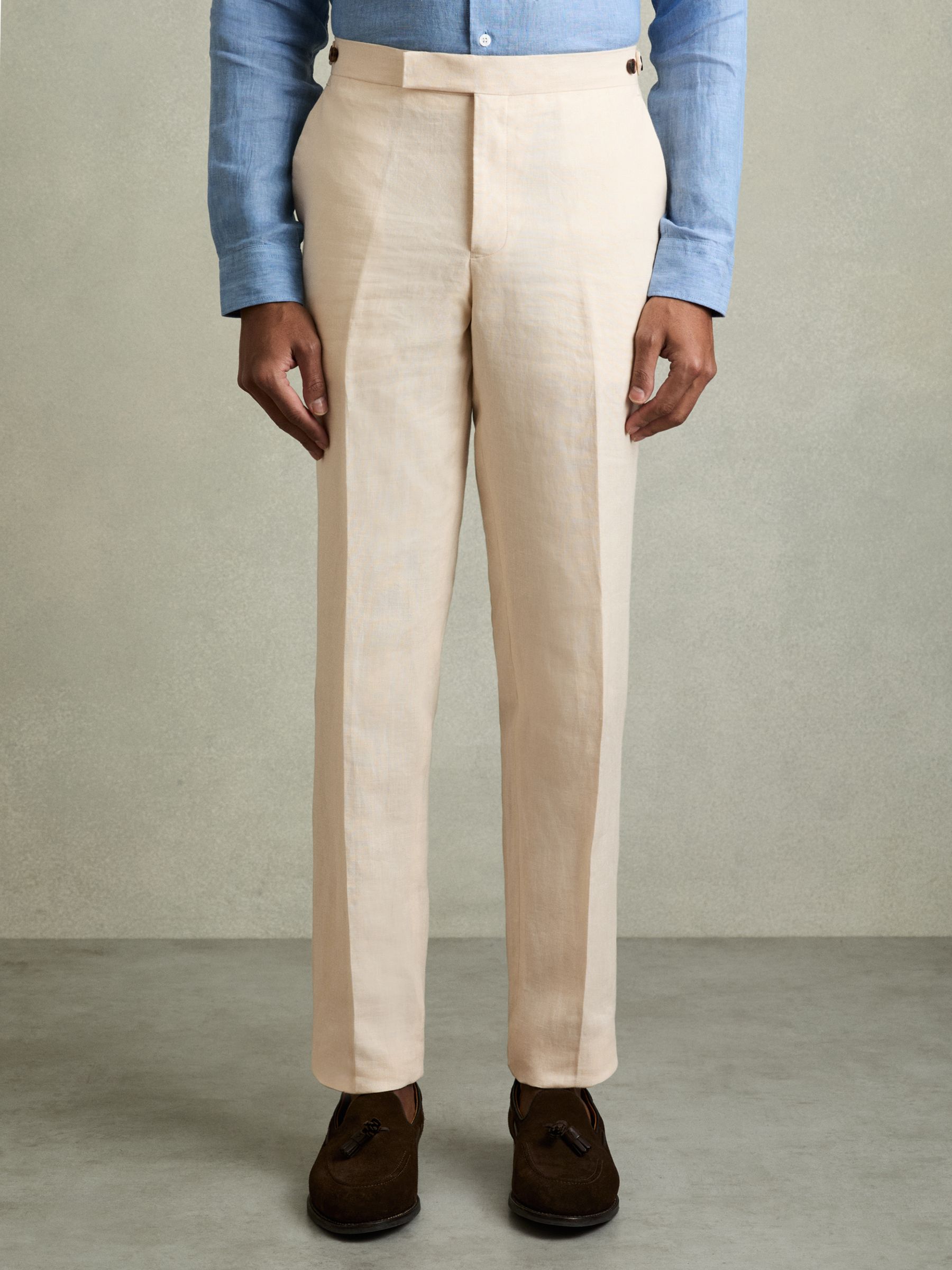 Slim Fit Linen Trousers in Stone - Image 3 of 7