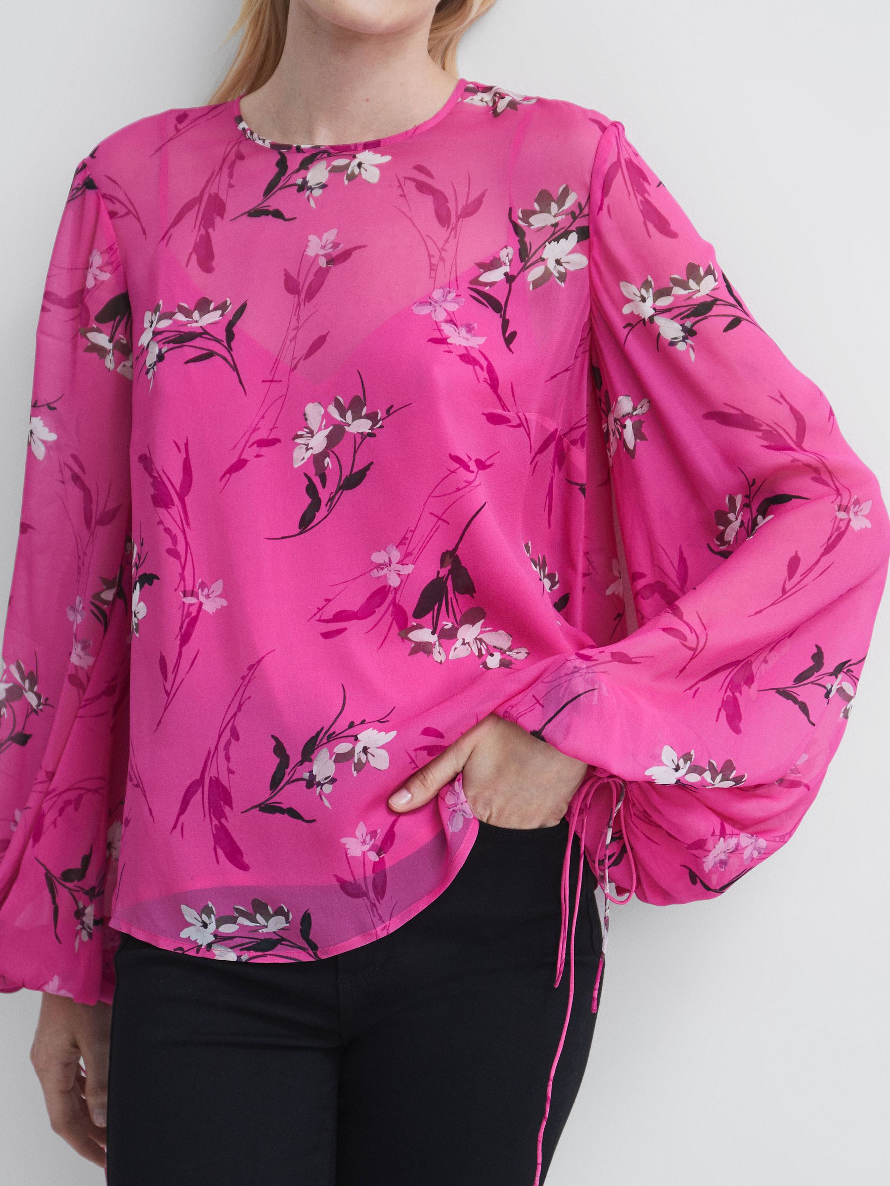 Florere Sheer Floral Top in Bright Pink - Image 3 of 5