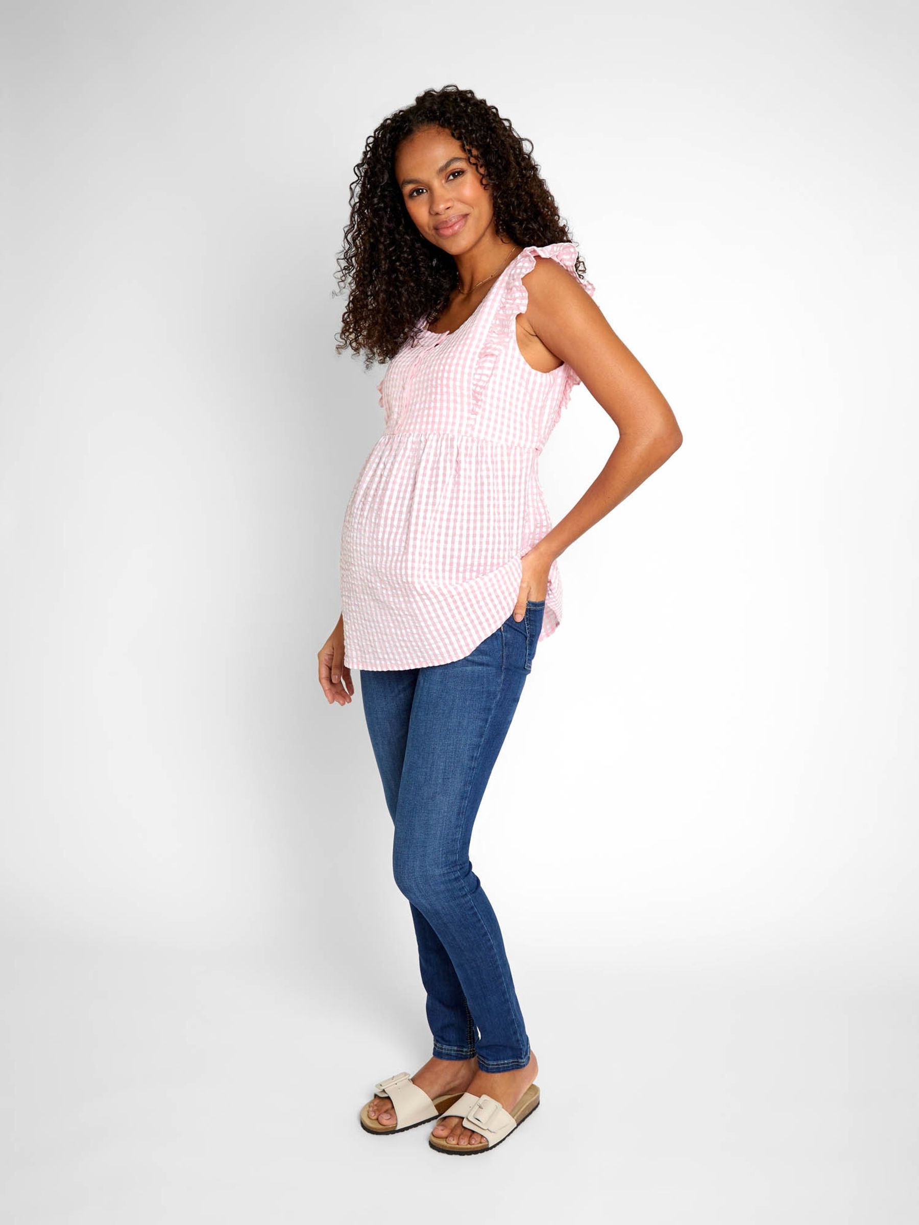 Pink Gingham Frill Sleeve Maternity Top - Image 1 of 7
