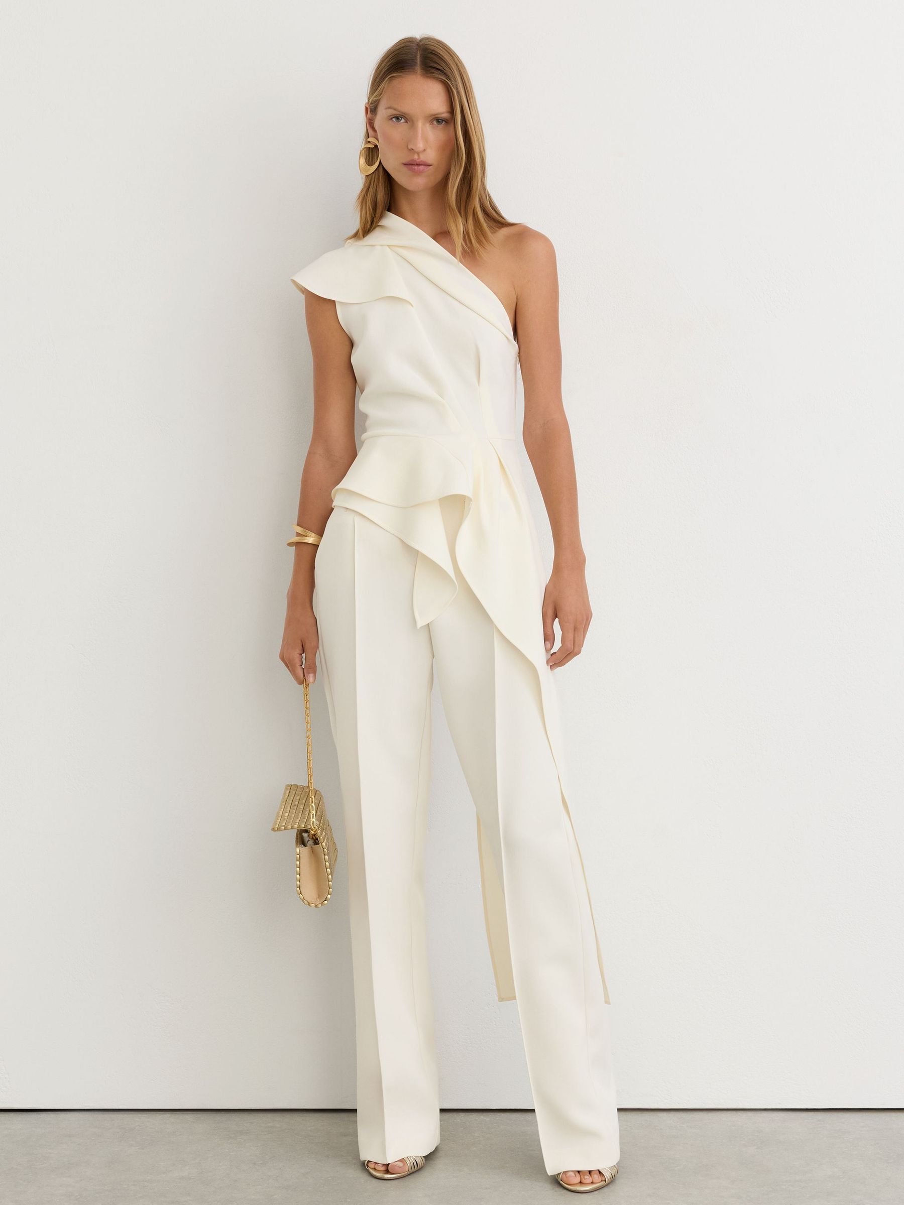 One-Shoulder Structured-Frill Top in Ivory by Reiss