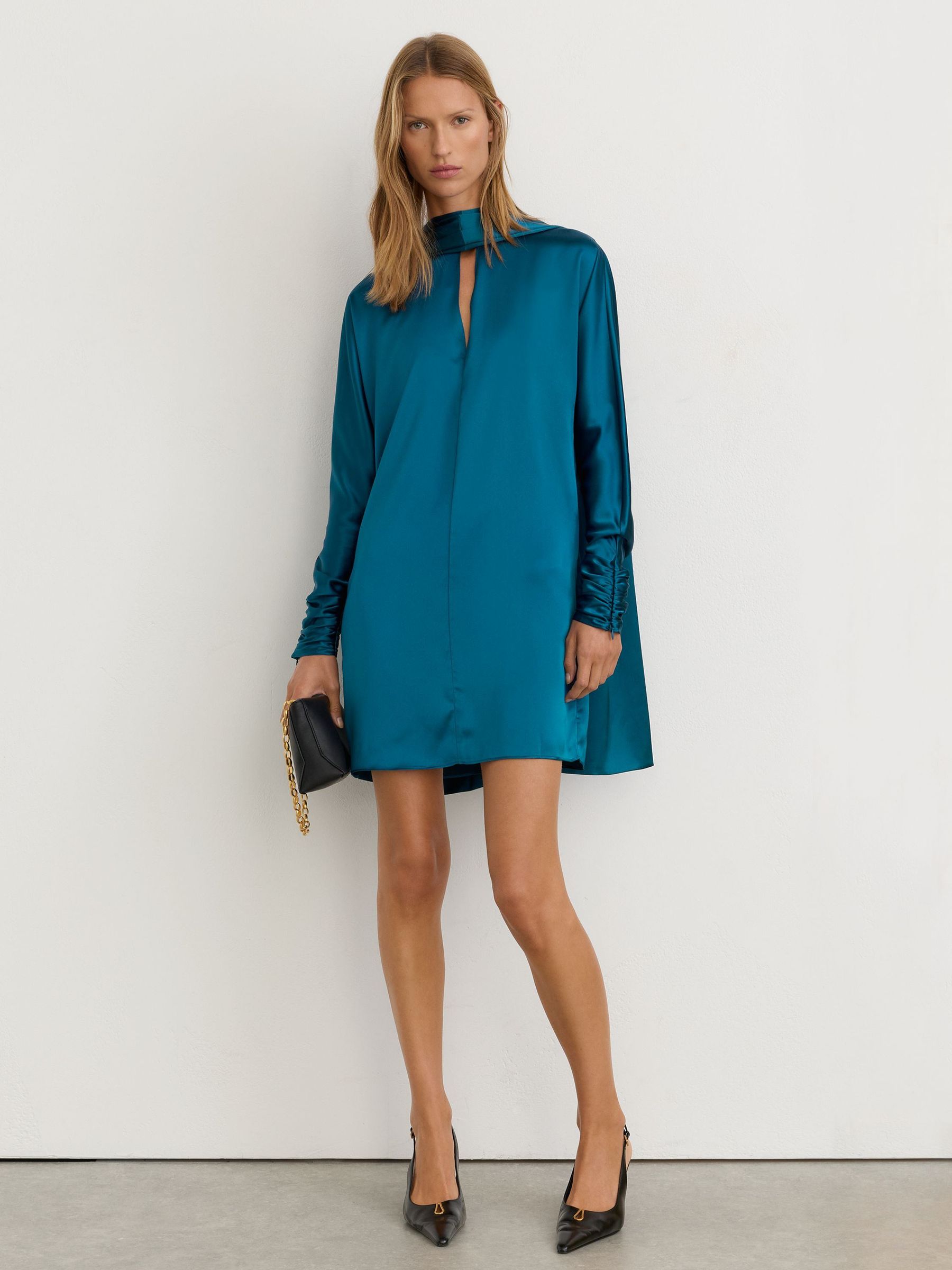 Satin Cape-Detail Mini Dress in Cobalt Blue - Image 1 of 8 Satin Cape-Detail Mini Dress in Cobalt Blue - Image 1 of 8
