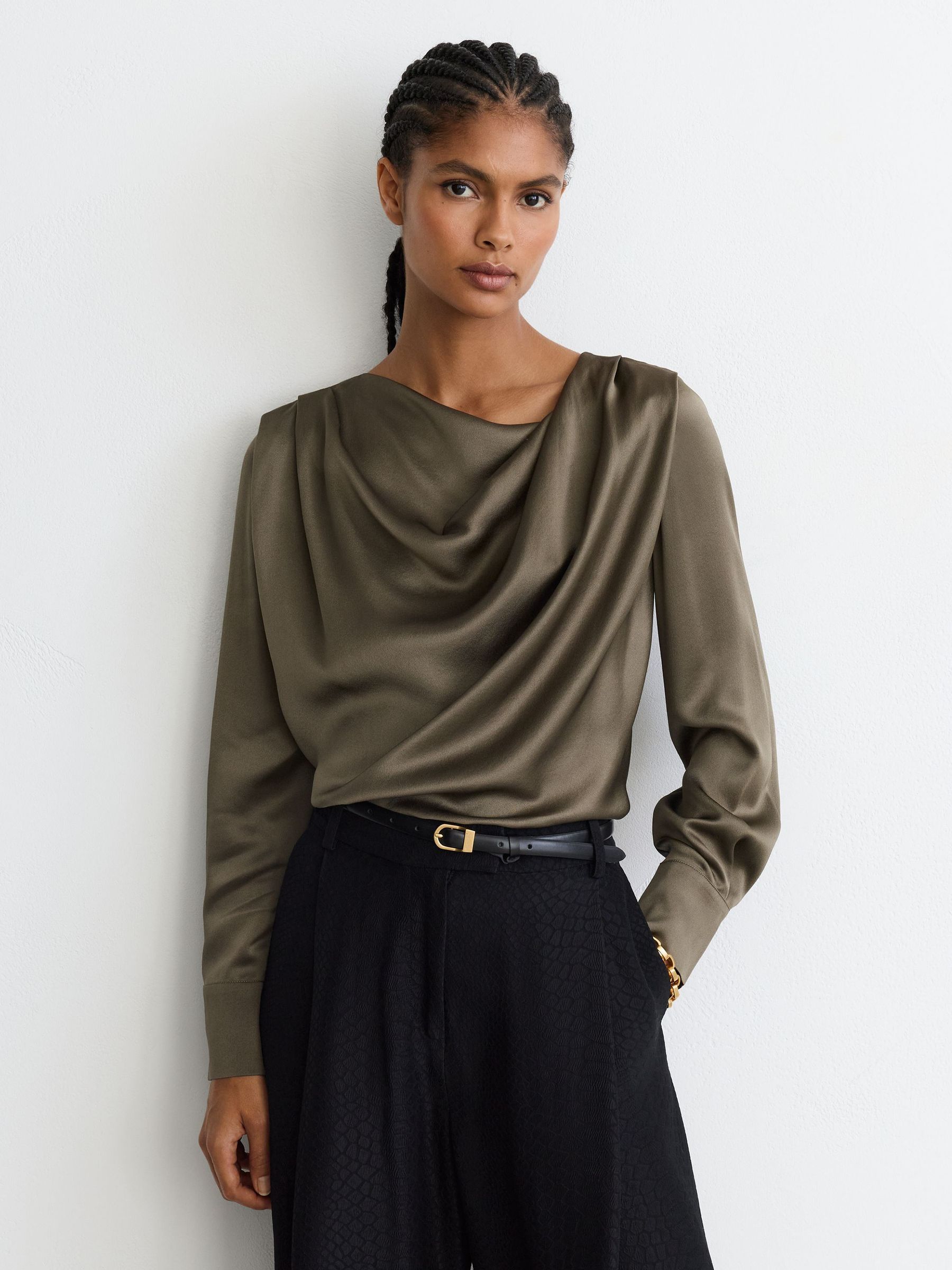Silk Cowl-Neck Long-Sleeve Blouse in Khaki Green - Image 1 of 6