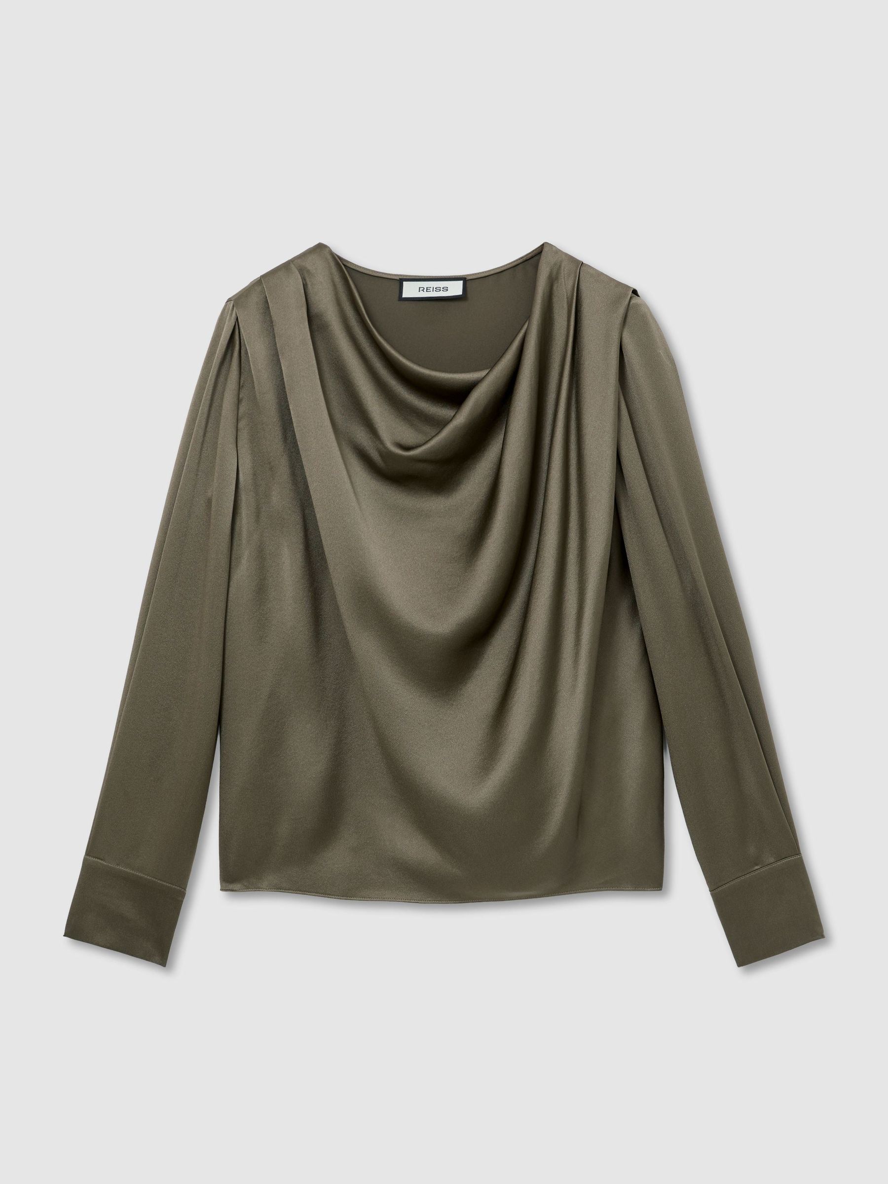 Silk Cowl-Neck Long-Sleeve Blouse in Khaki Green - Image 2 of 6