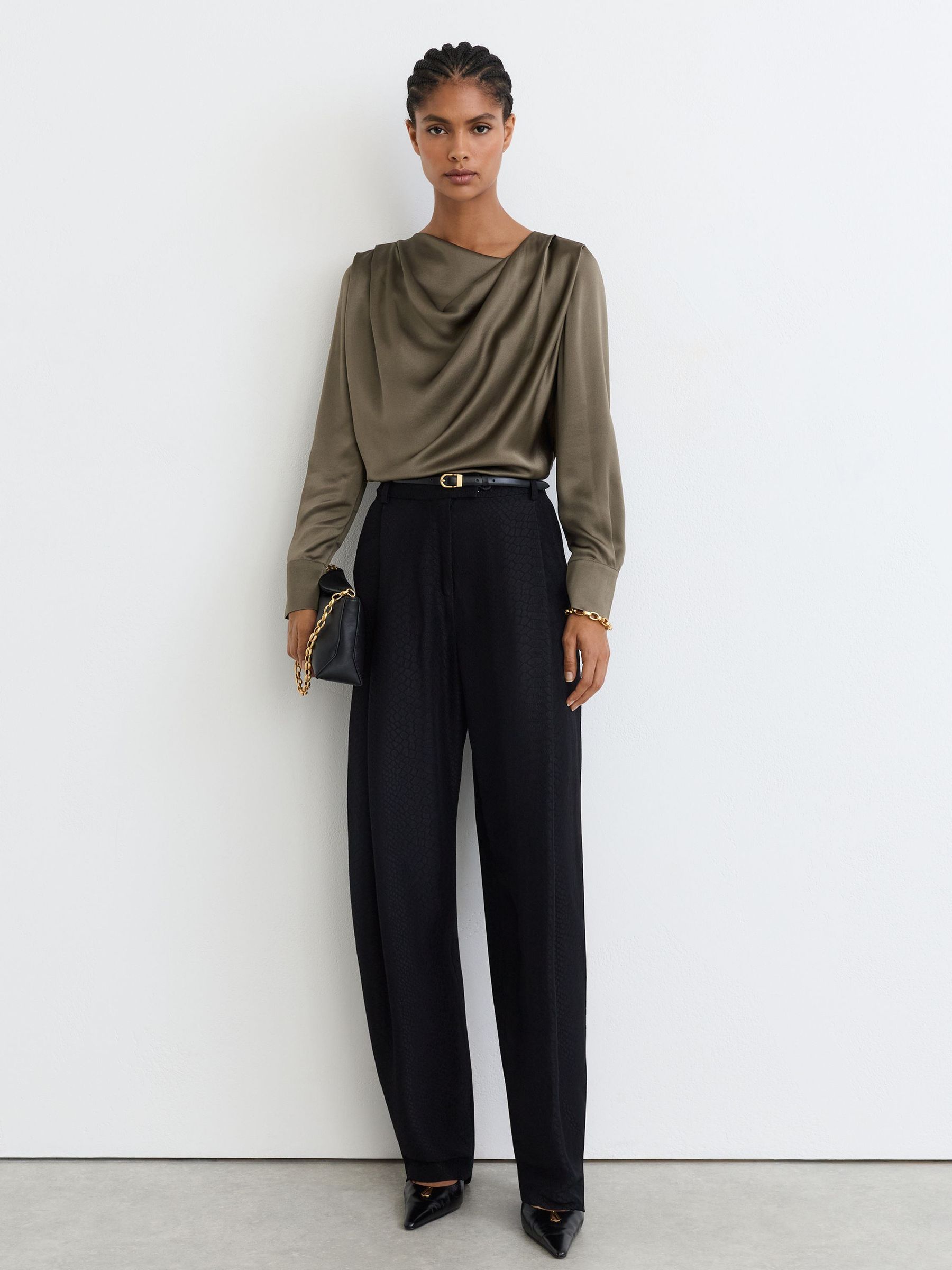 Silk Cowl-Neck Long-Sleeve Blouse in Khaki Green - Image 3 of 6