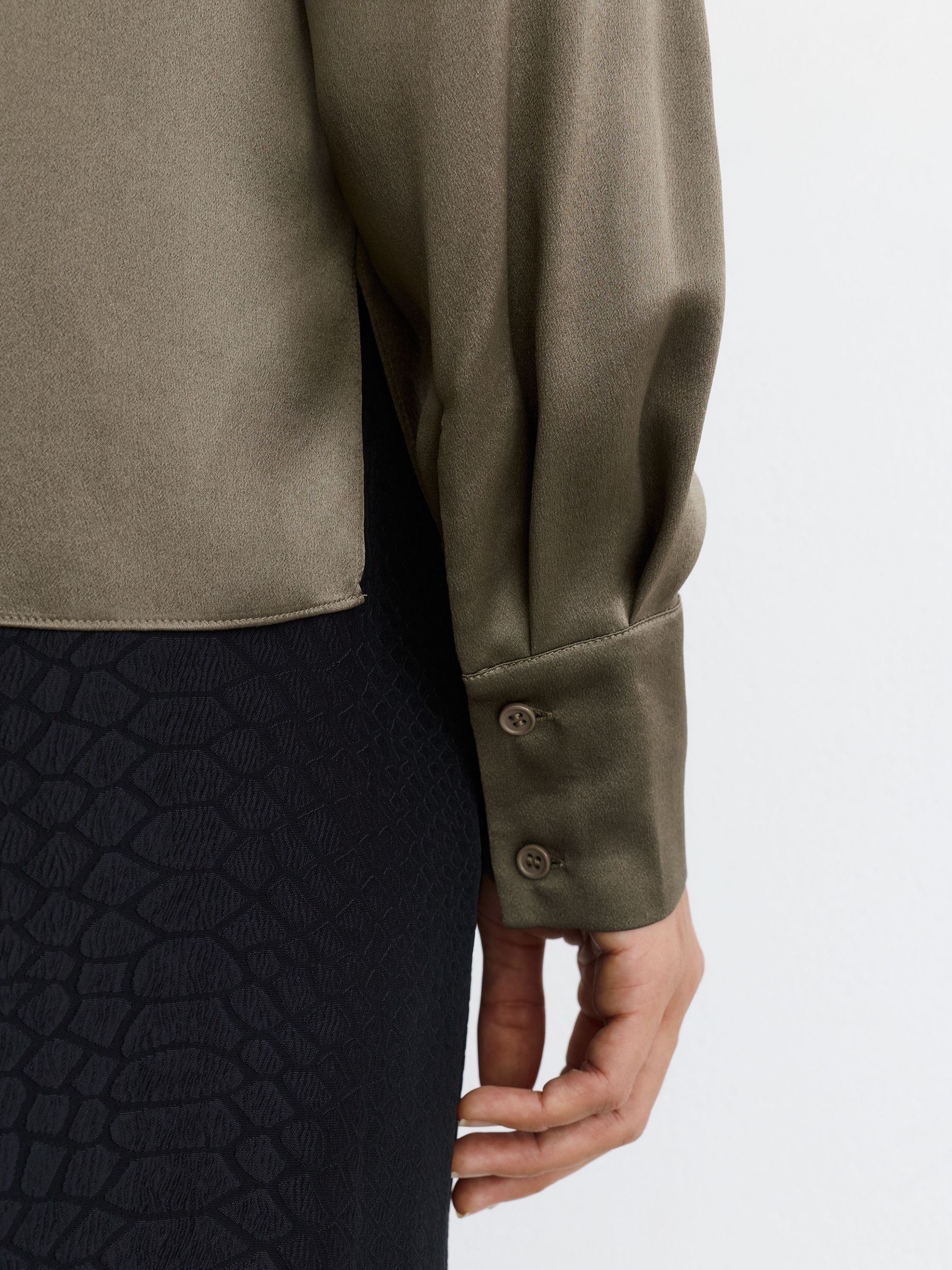 Silk Cowl-Neck Long-Sleeve Blouse in Khaki Green - Image 4 of 6