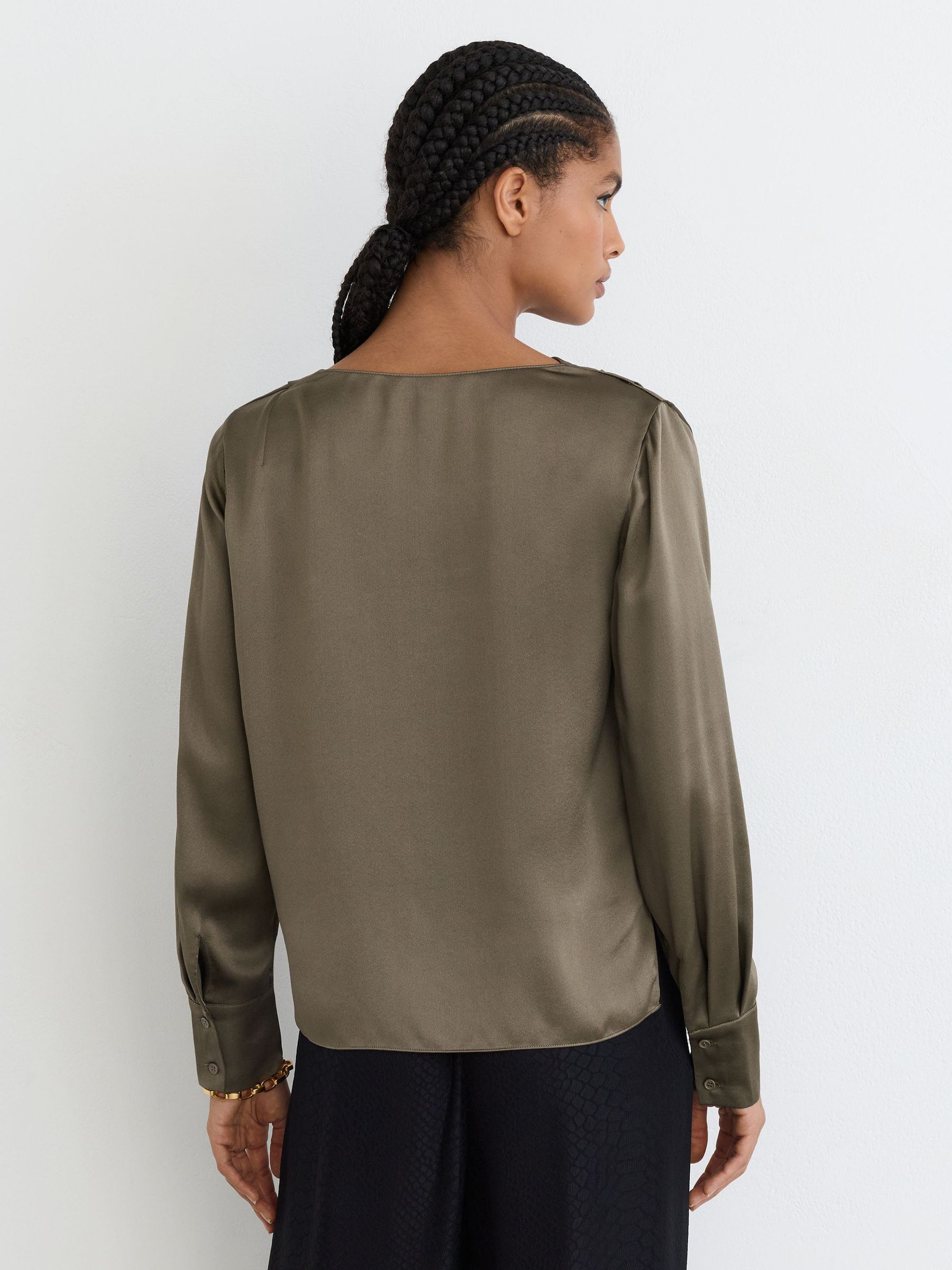 Silk Cowl-Neck Long-Sleeve Blouse in Khaki Green - Image 5 of 6
