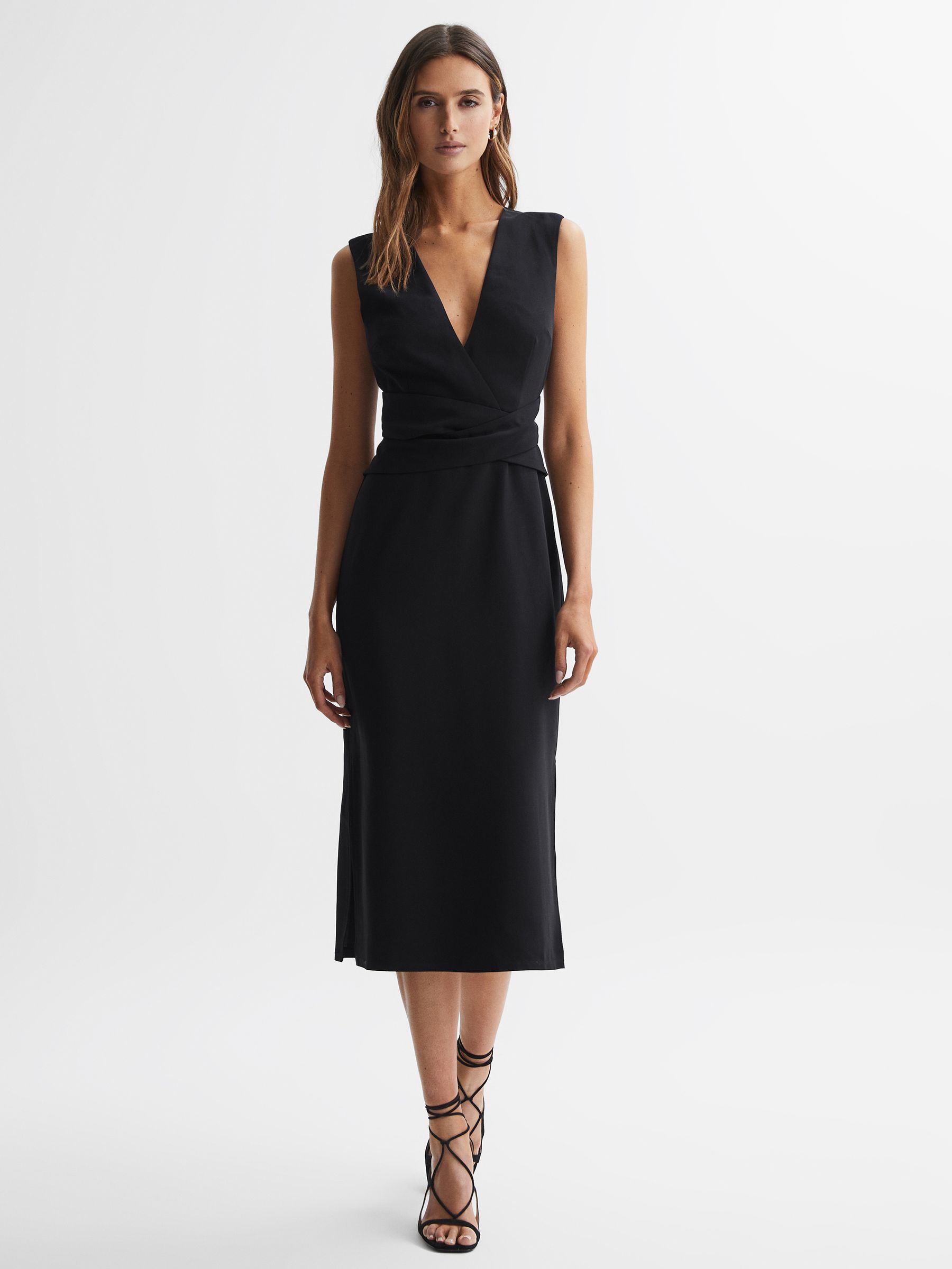 Fitted Wrap Design Midi Dress in Black - Image 3 of 4